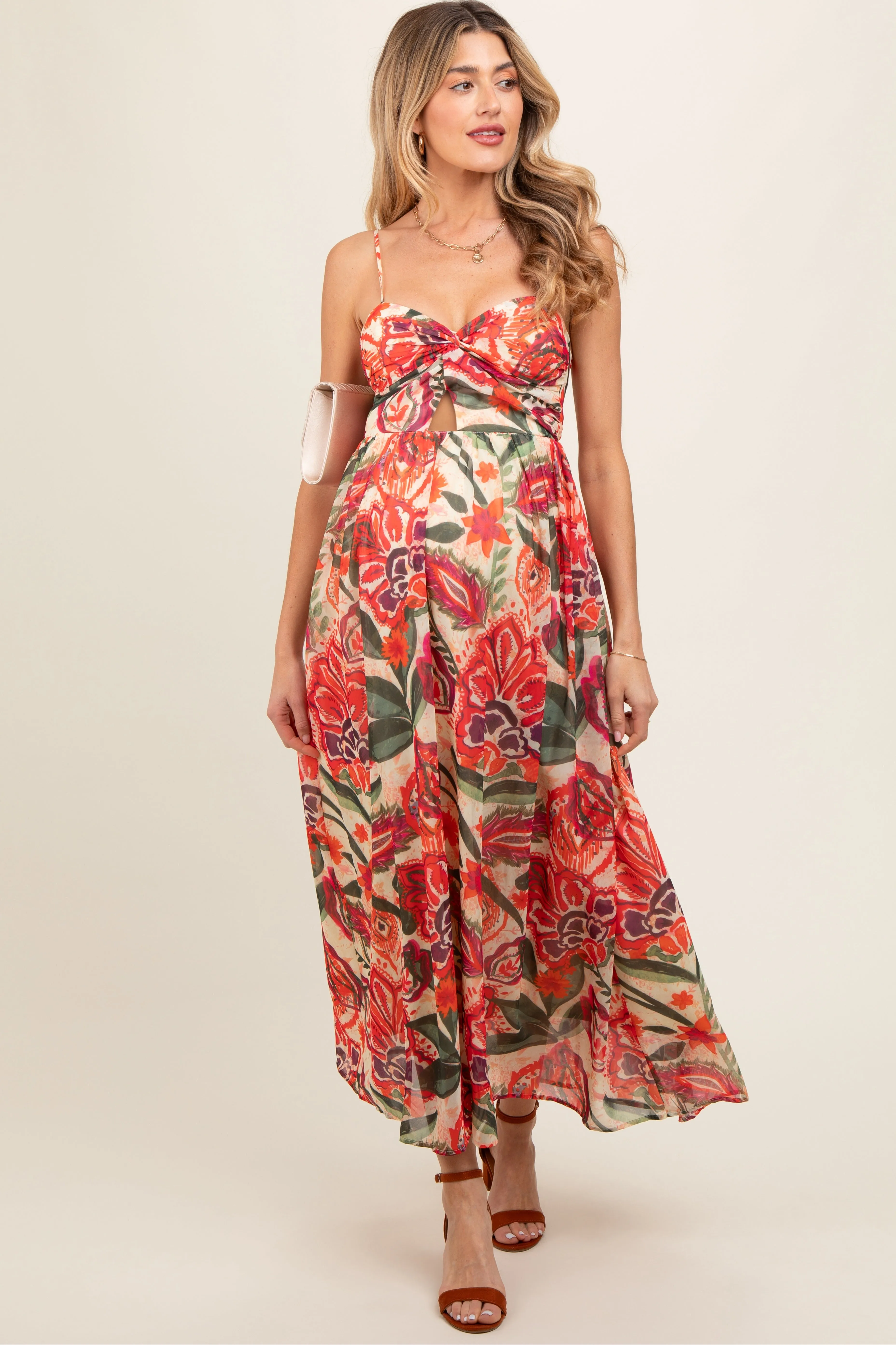 Cream Floral Sleeveless Front Cutout Maternity Midi Dress sold by Pinkblush product image thumbnail 5