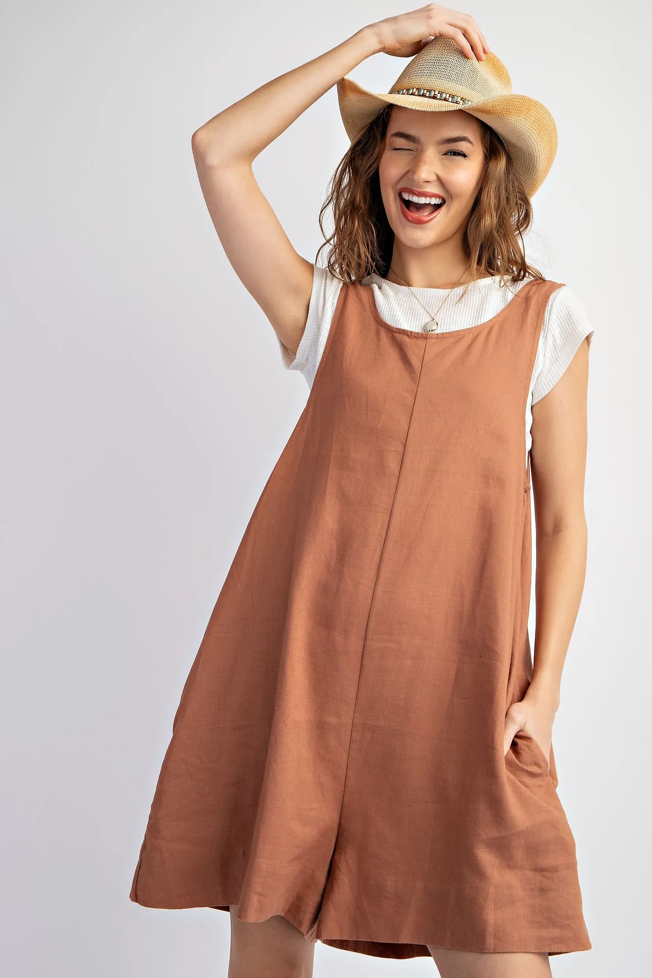 Cocoa Sleeveless Linen Wide Bottom Romper sold by Pinkblush