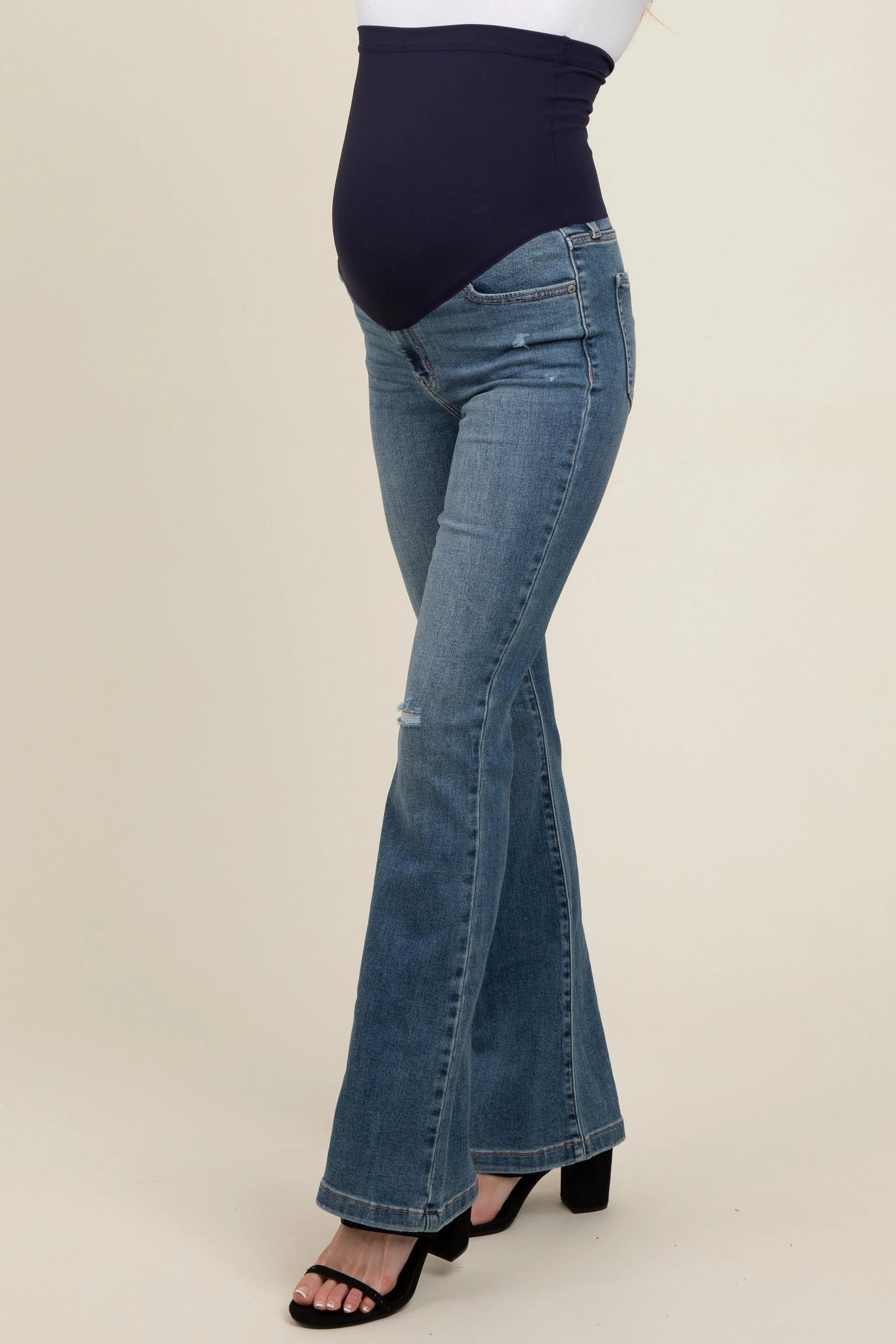 Blue Distressed Knee Flare Leg Maternity Jeans sold by Pinkblush product image thumbnail 3