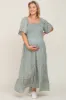 Mint Green Floral Smocked Flounce Sleeve Maternity Plus Maxi Dress sold by Pinkblush