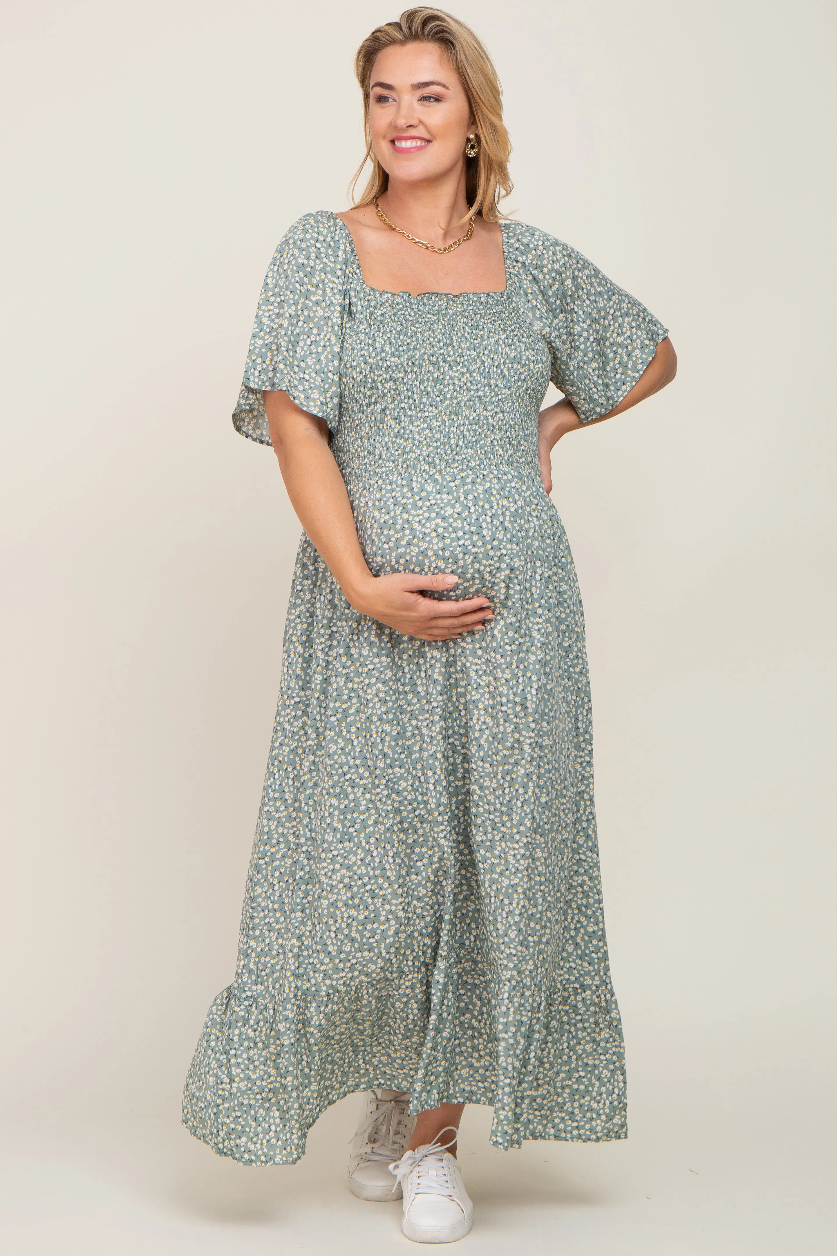 Mint Green Floral Smocked Flounce Sleeve Maternity Plus Maxi Dress sold by Pinkblush product image thumbnail 4