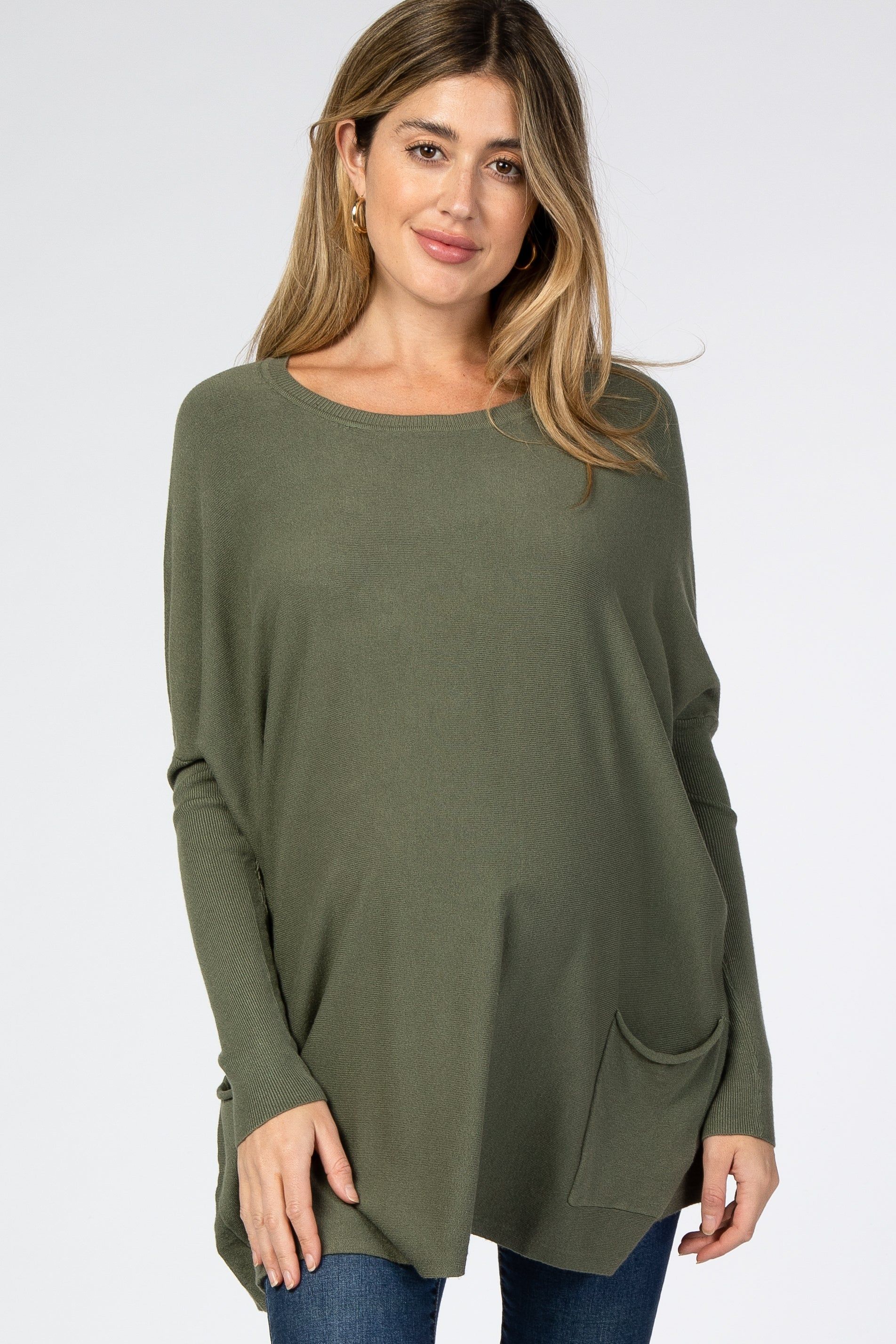 Olive Pocketed Dolman Sleeve Maternity Top sold by Pinkblush