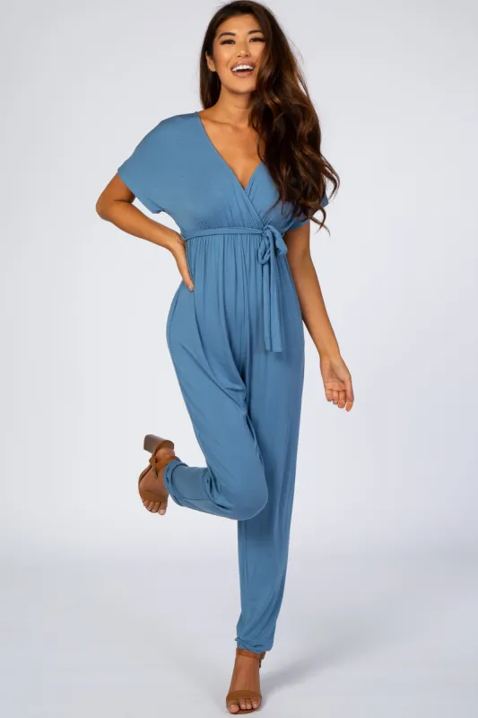Blue Wrap Tie Jumpsuit sold by Pinkblush