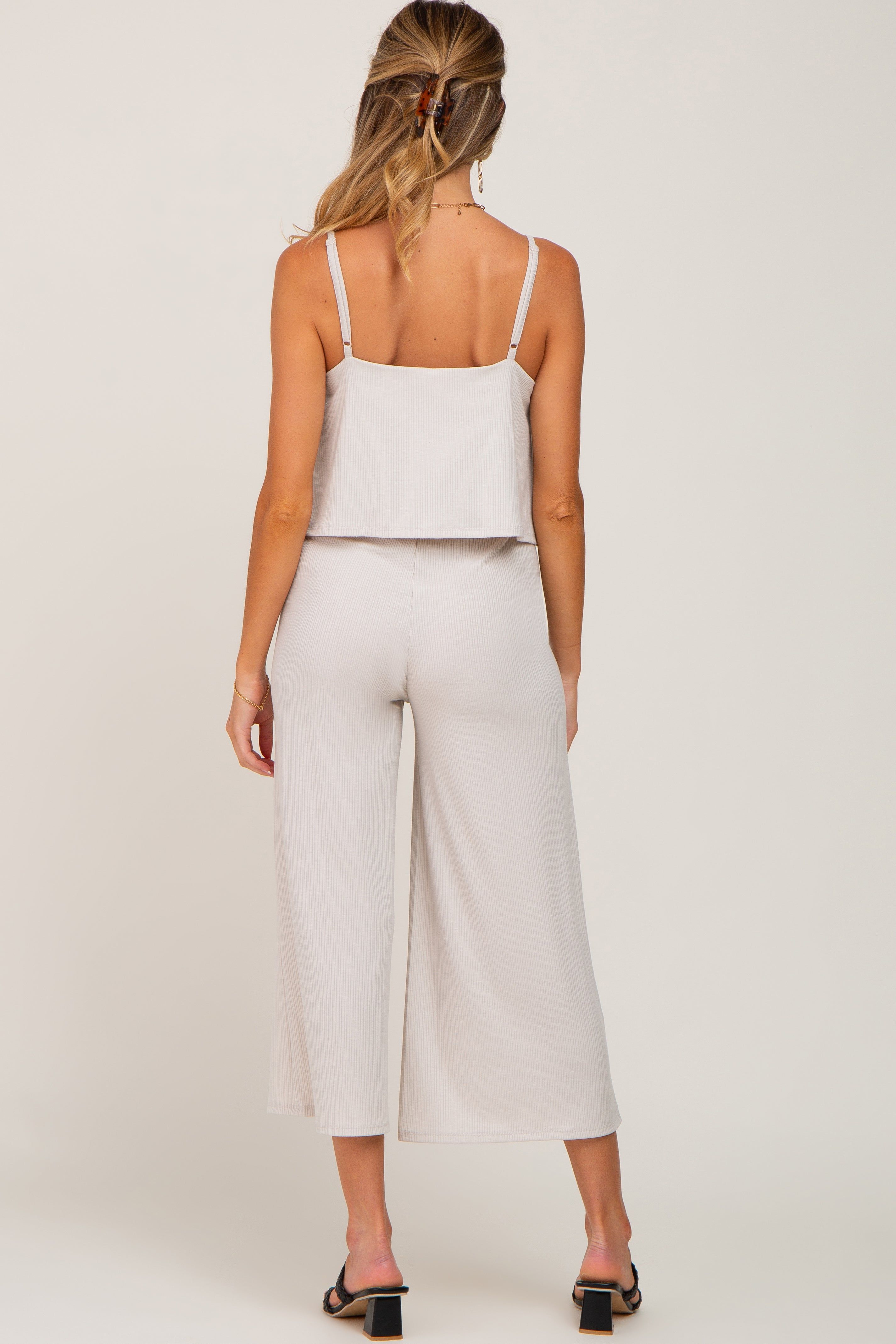 Beige Ribbed Double Layer Cropped Maternity Jumpsuit sold by Pinkblush product image thumbnail 3