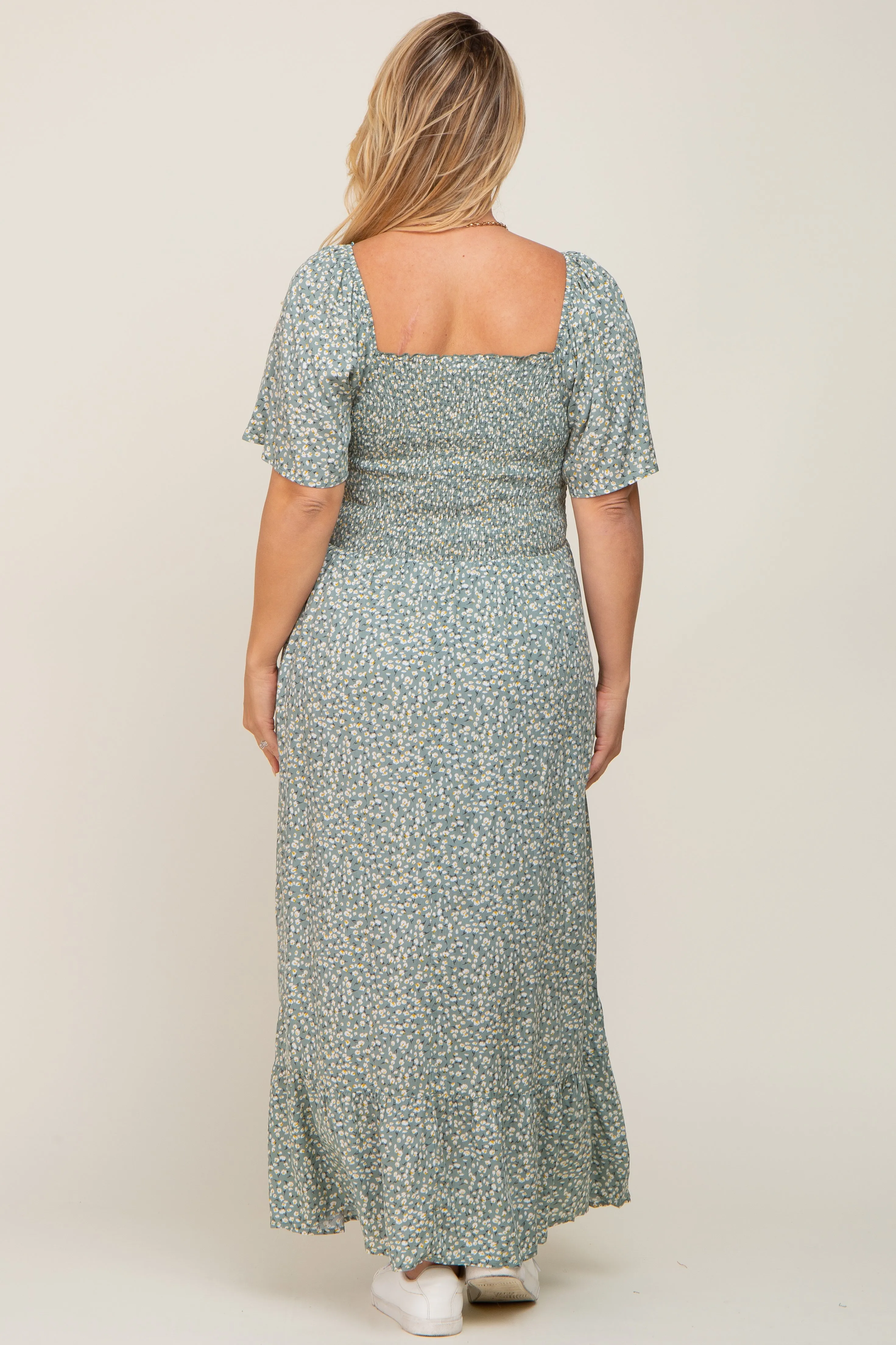 Mint Green Floral Smocked Flounce Sleeve Maternity Plus Maxi Dress sold by Pinkblush product image thumbnail 3