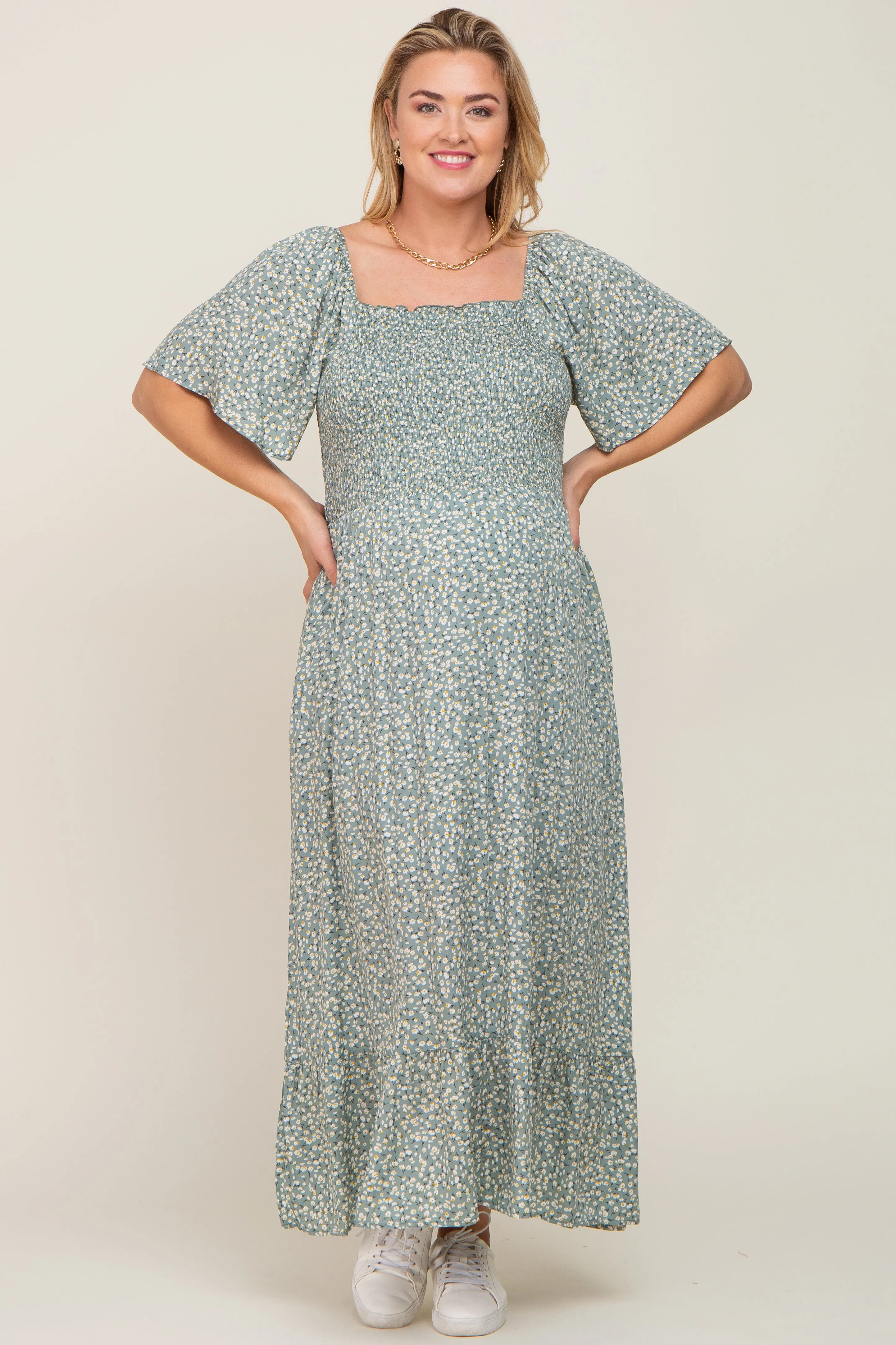 Mint Green Floral Smocked Flounce Sleeve Maternity Plus Maxi Dress sold by Pinkblush