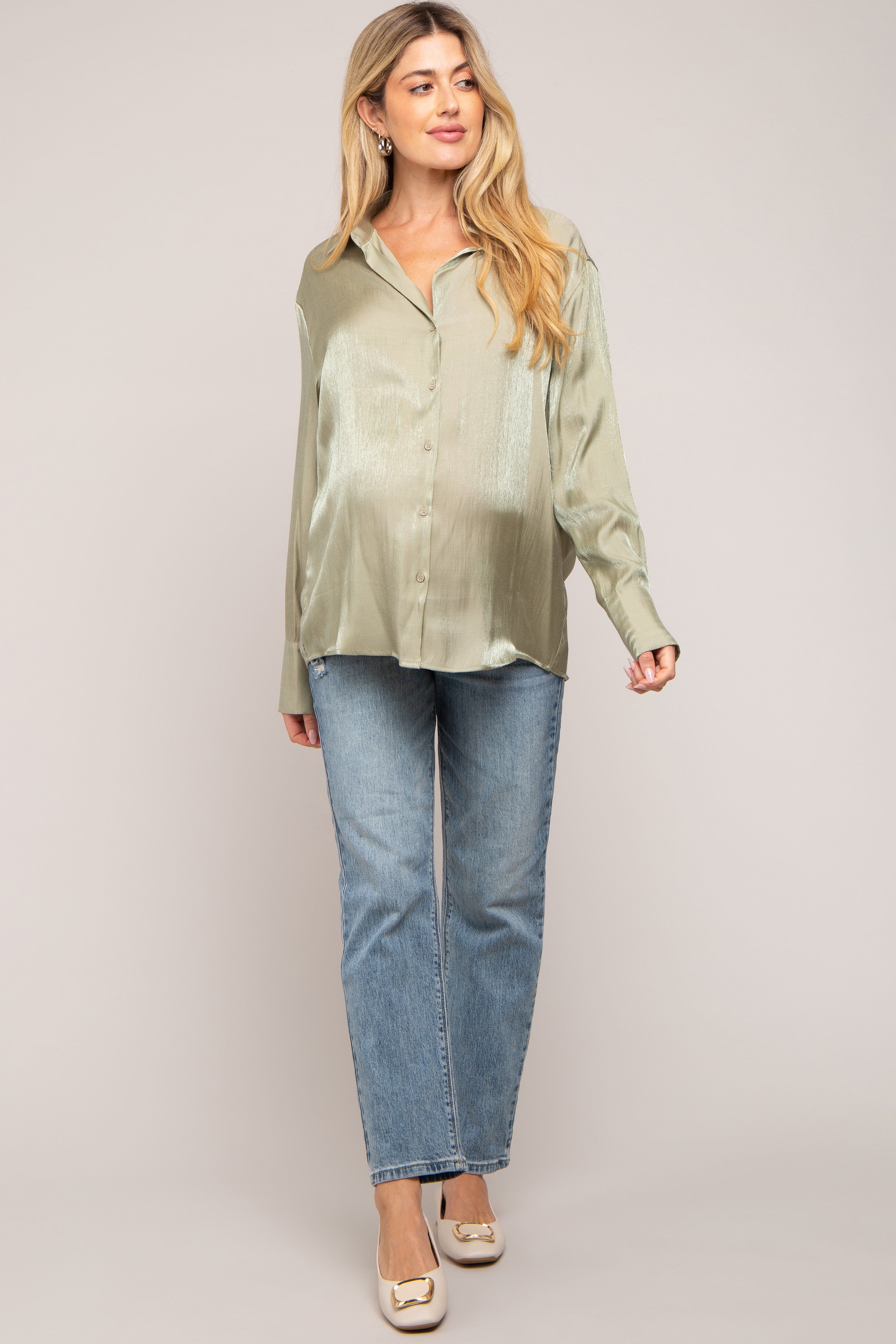 Light Olive Shimmer Satin Button Up Long Sleeve Maternity Blouse sold by Pinkblush product image thumbnail 5