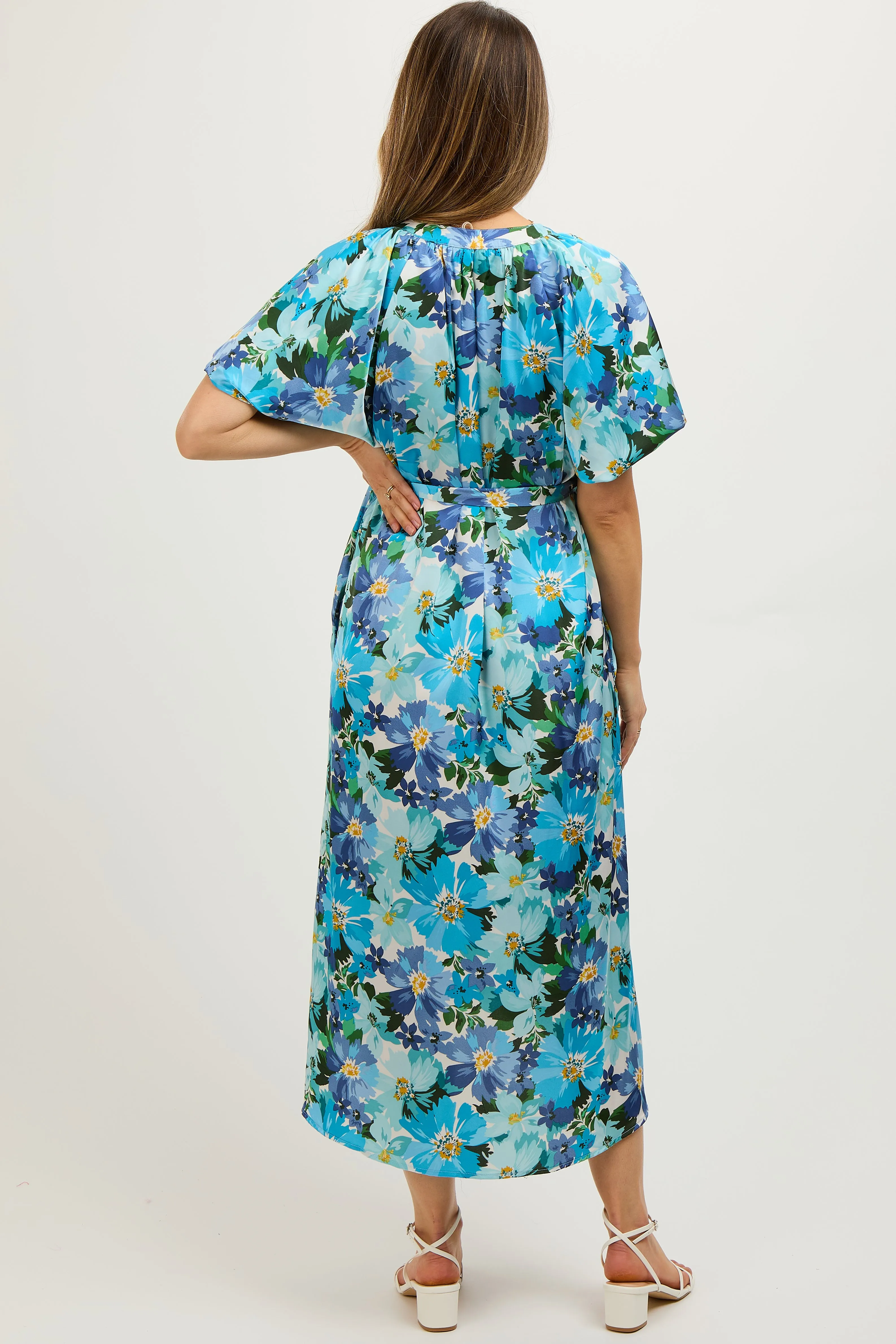 Blue Floral V-Neck Short Puff Sleeve Tie Waist Satin Maternity Midi Dress sold by Pinkblush product image thumbnail 4
