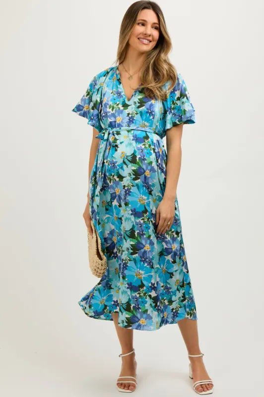 Blue Floral V-Neck Short Puff Sleeve Tie Waist Satin Maternity Midi Dress sold by Pinkblush