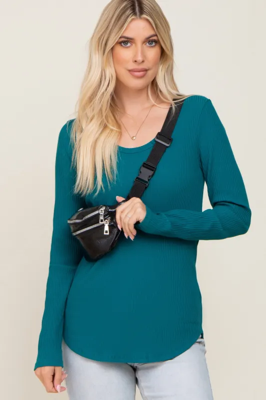 Teal Ribbed Scoop Neck Long Sleeve Top sold by Pinkblush