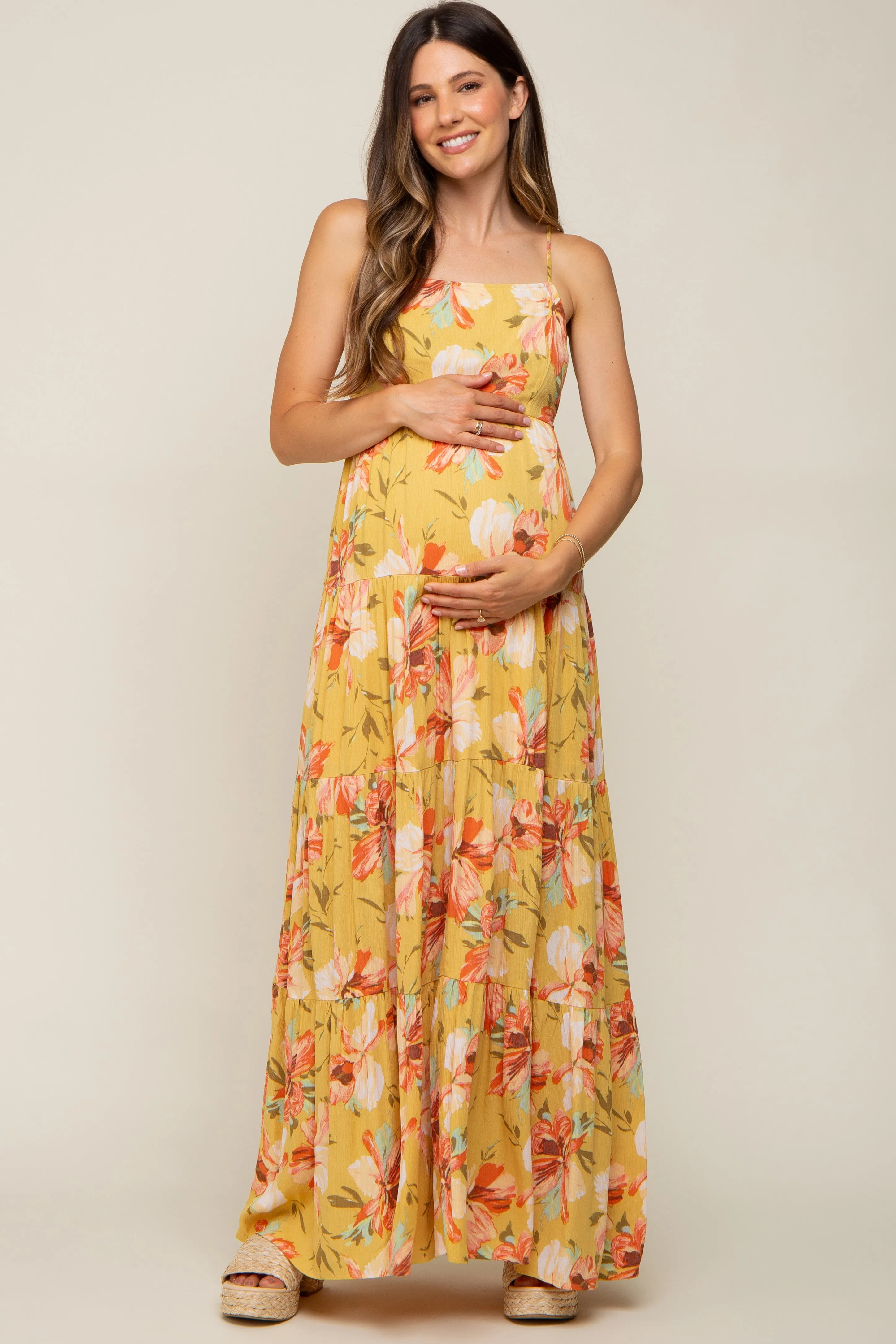 Yellow Floral Sleeveless Tiered Maternity Maxi Dress sold by Pinkblush product image thumbnail 4