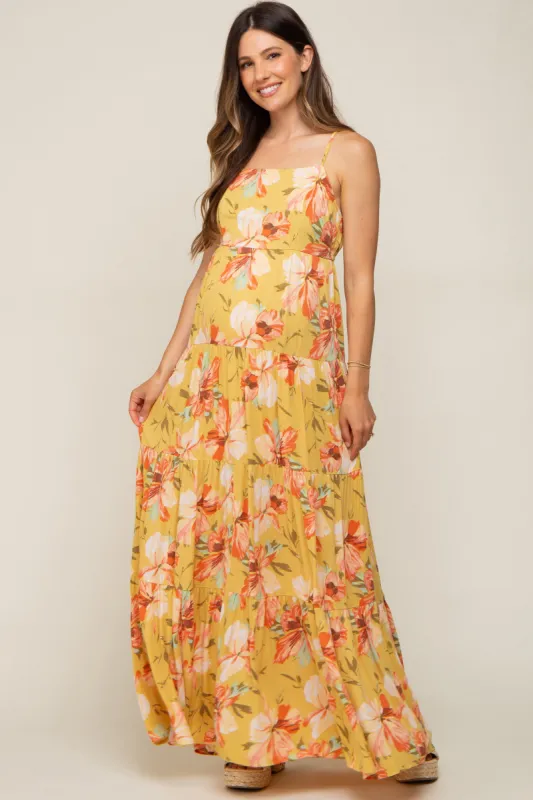 Yellow Floral Sleeveless Tiered Maternity Maxi Dress sold by Pinkblush