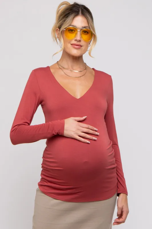 Rust V-Neck Long Sleeve Maternity Top sold by Pinkblush