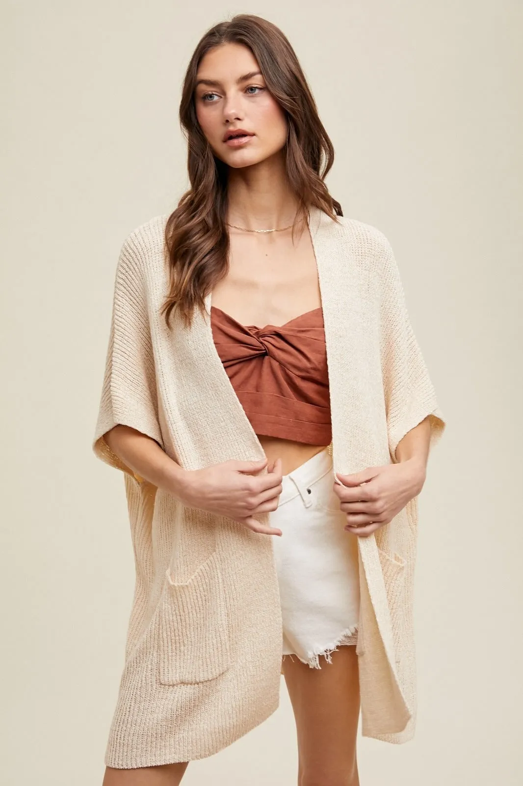 Beige Drop Shoulder Side Pocket 3/4 Sleeve Maternity Cardigan sold by Pinkblush product image thumbnail 4