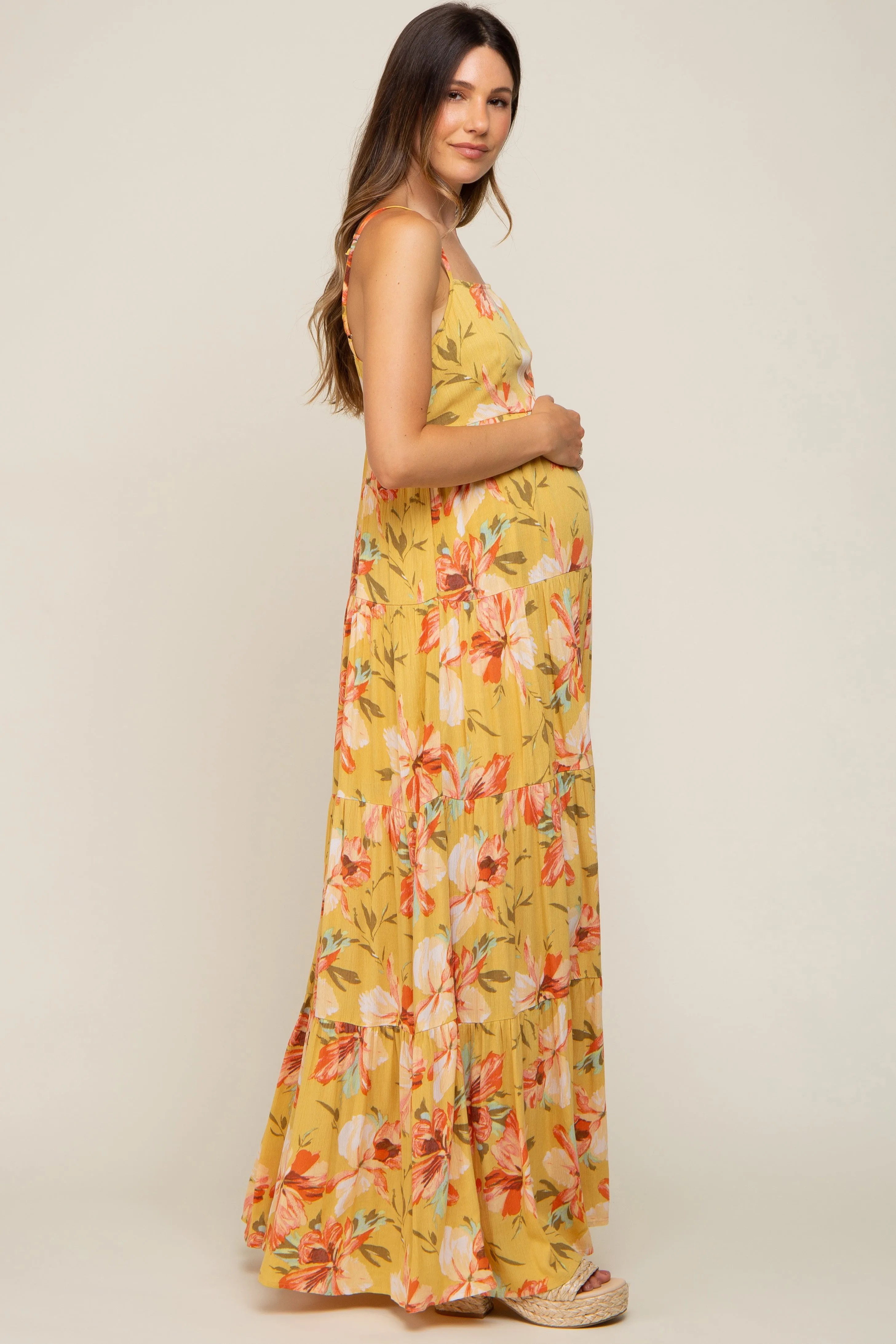 Yellow Floral Sleeveless Tiered Maternity Maxi Dress sold by Pinkblush product image thumbnail 2