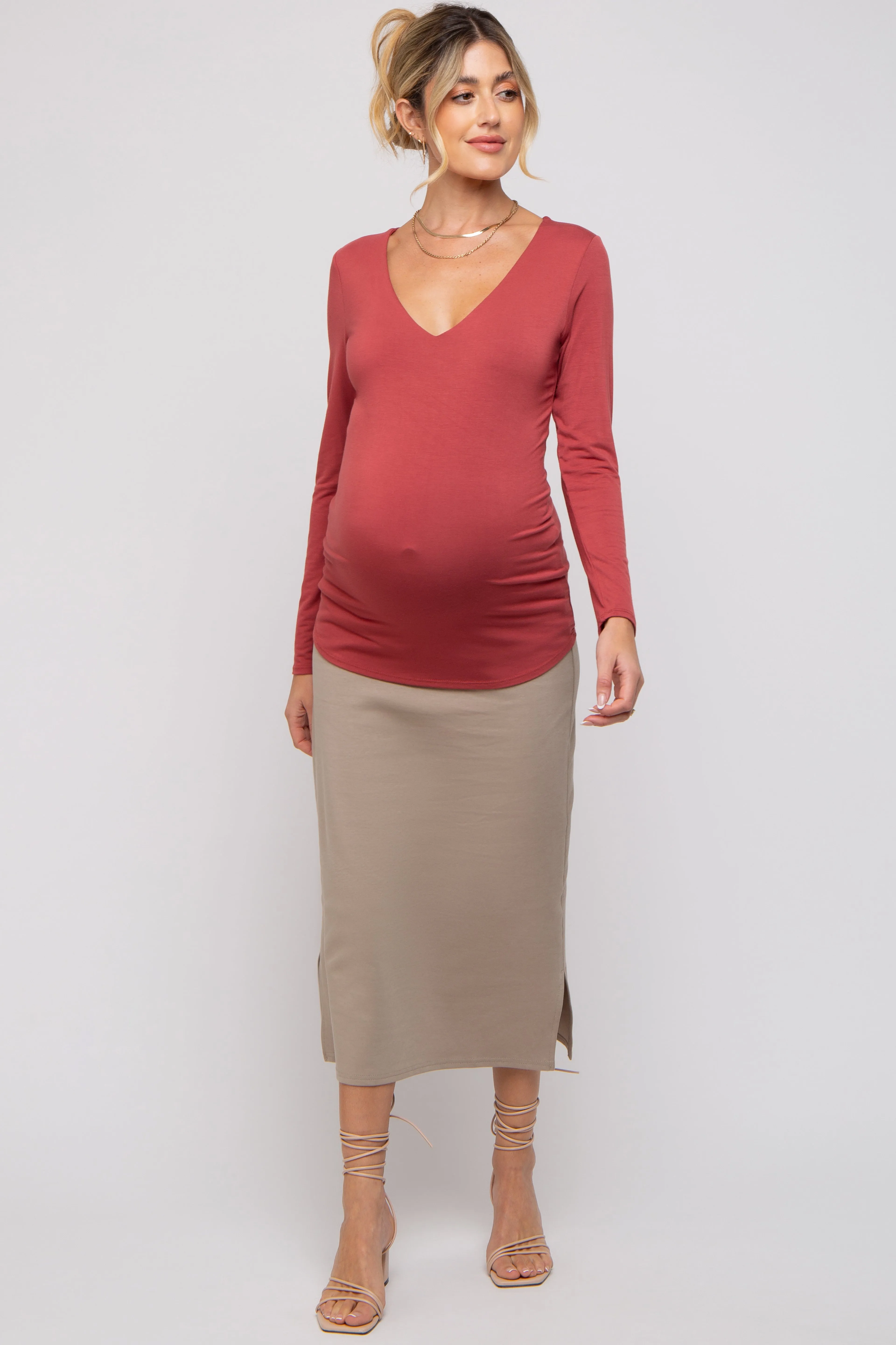 Rust V-Neck Long Sleeve Maternity Top sold by Pinkblush product image thumbnail 5