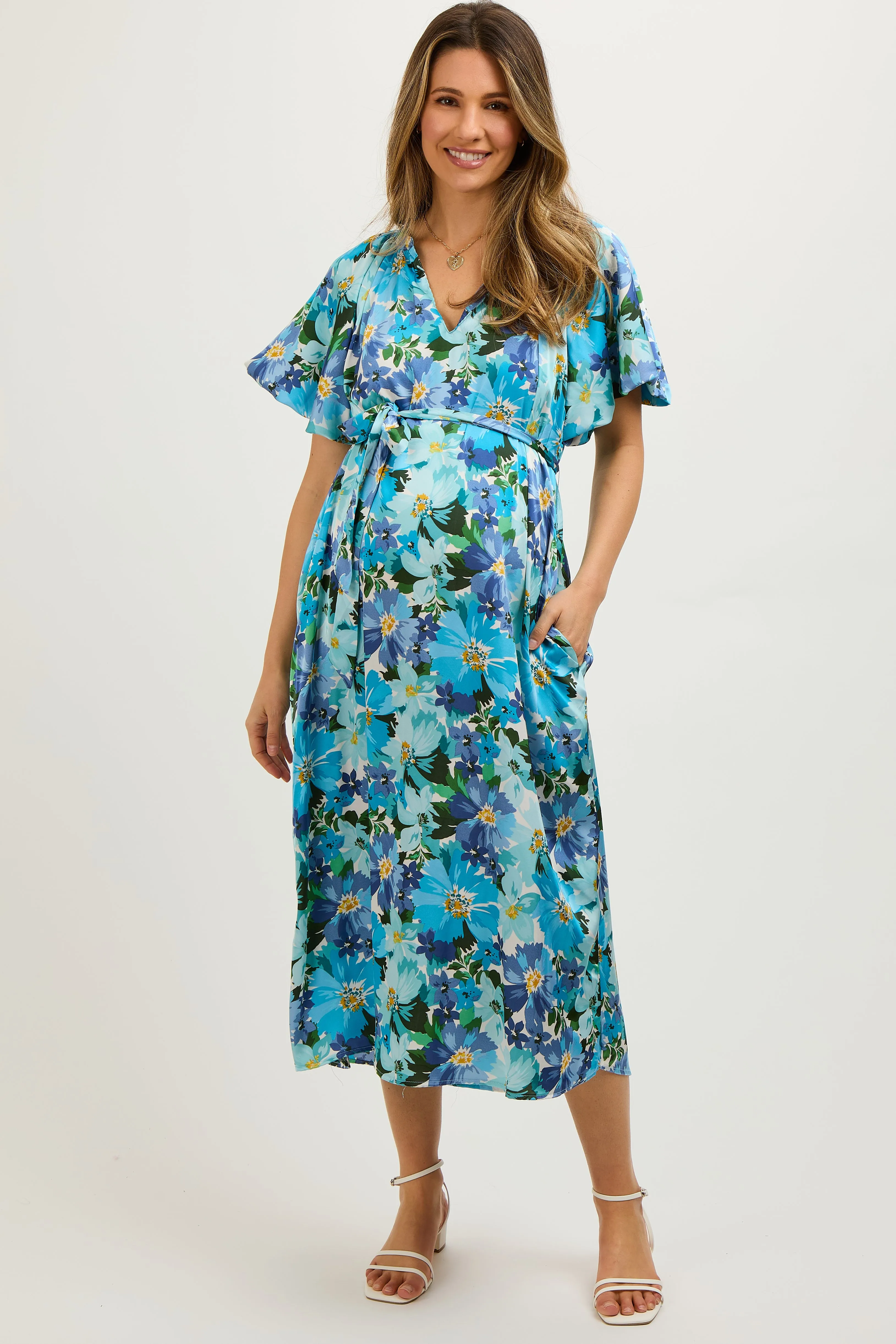 Blue Floral V-Neck Short Puff Sleeve Tie Waist Satin Maternity Midi Dress sold by Pinkblush product image thumbnail 3