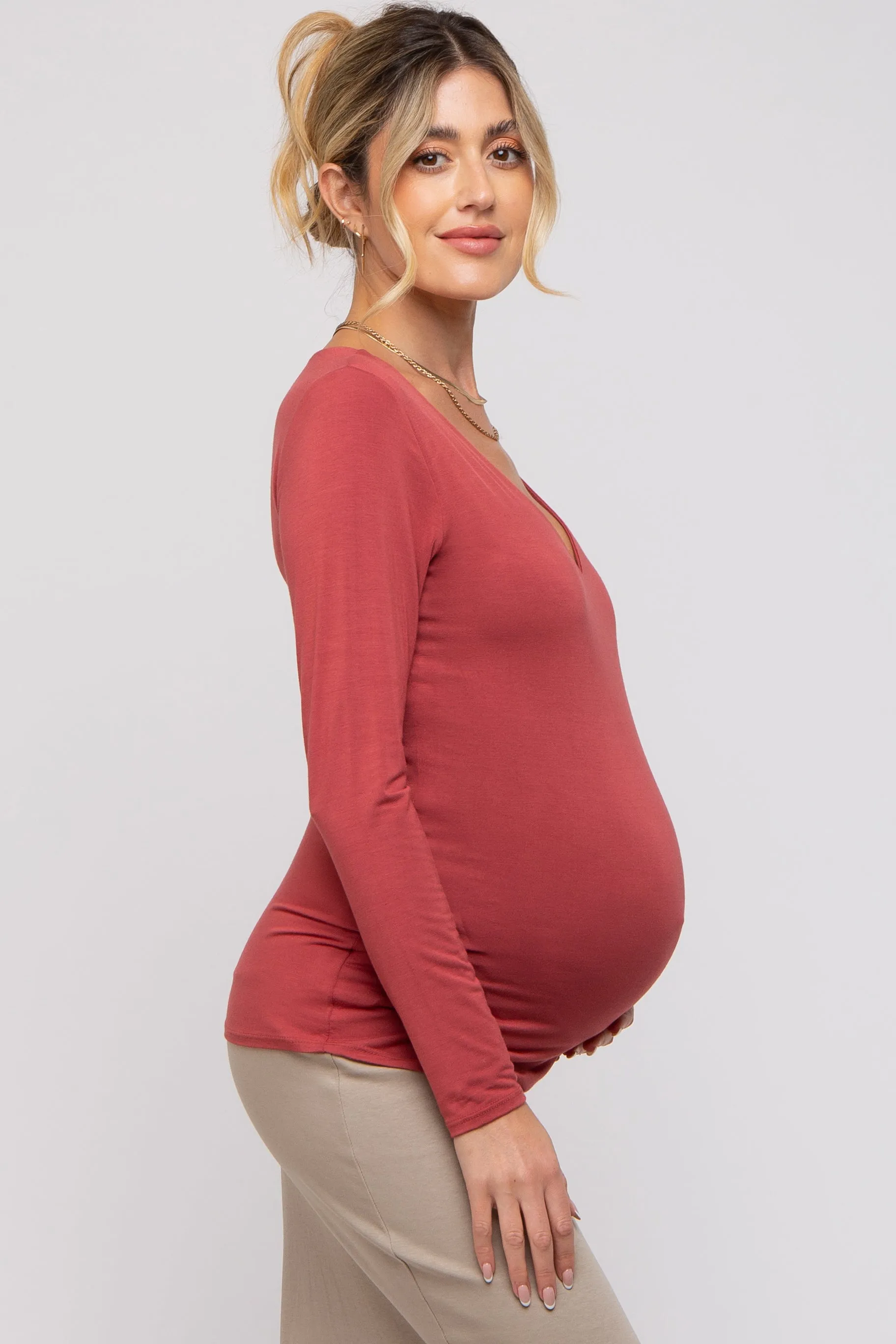 Rust V-Neck Long Sleeve Maternity Top sold by Pinkblush product image thumbnail 2