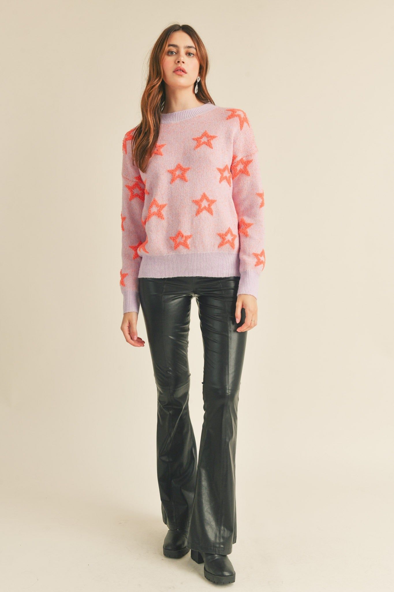Lilac Orange Crew Neck Sweater With Fuzzy Stars sold by Pinkblush product image thumbnail 3