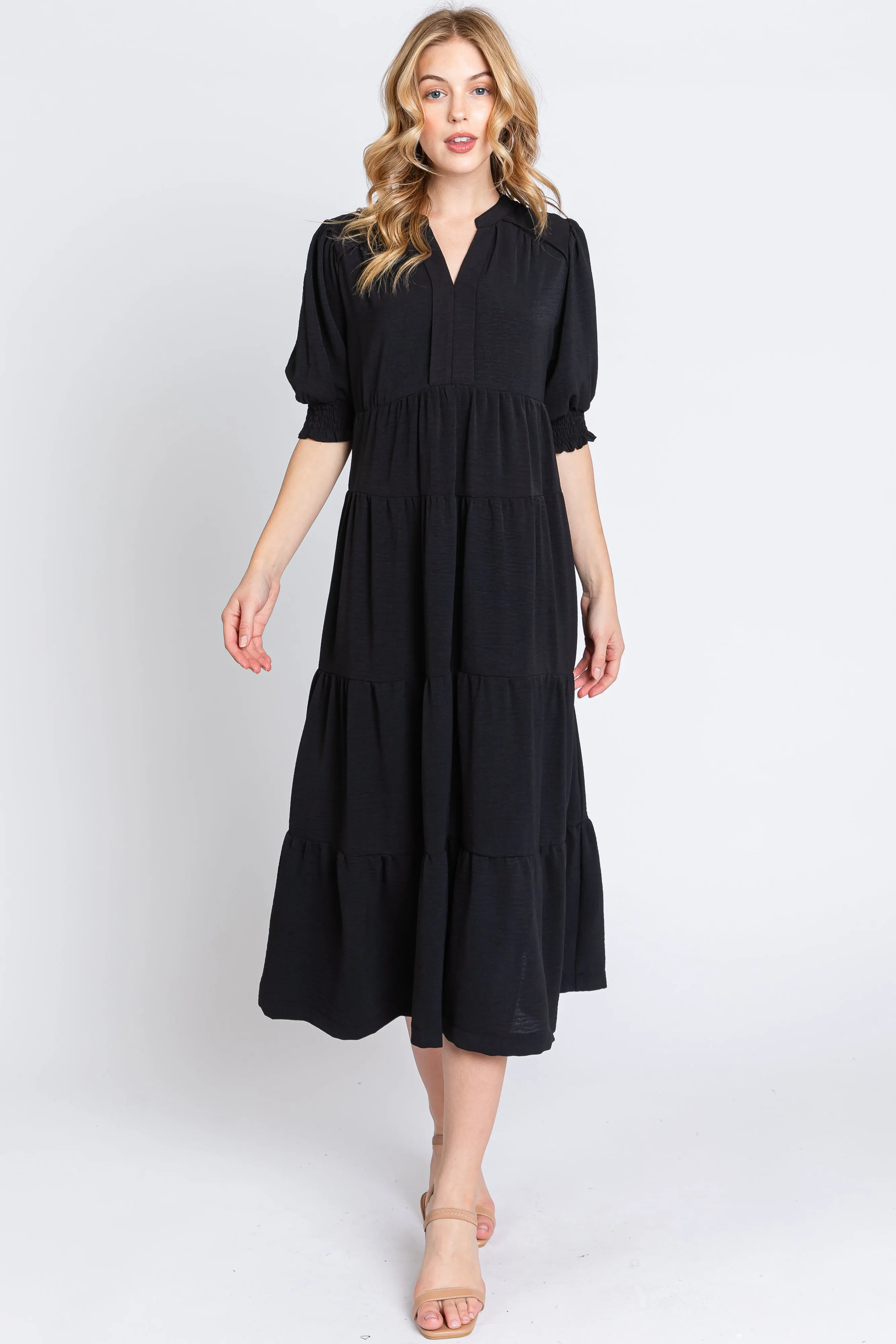 Black Short Sleeve Tiered Maternity Midi Dress sold by Pinkblush product image thumbnail 4