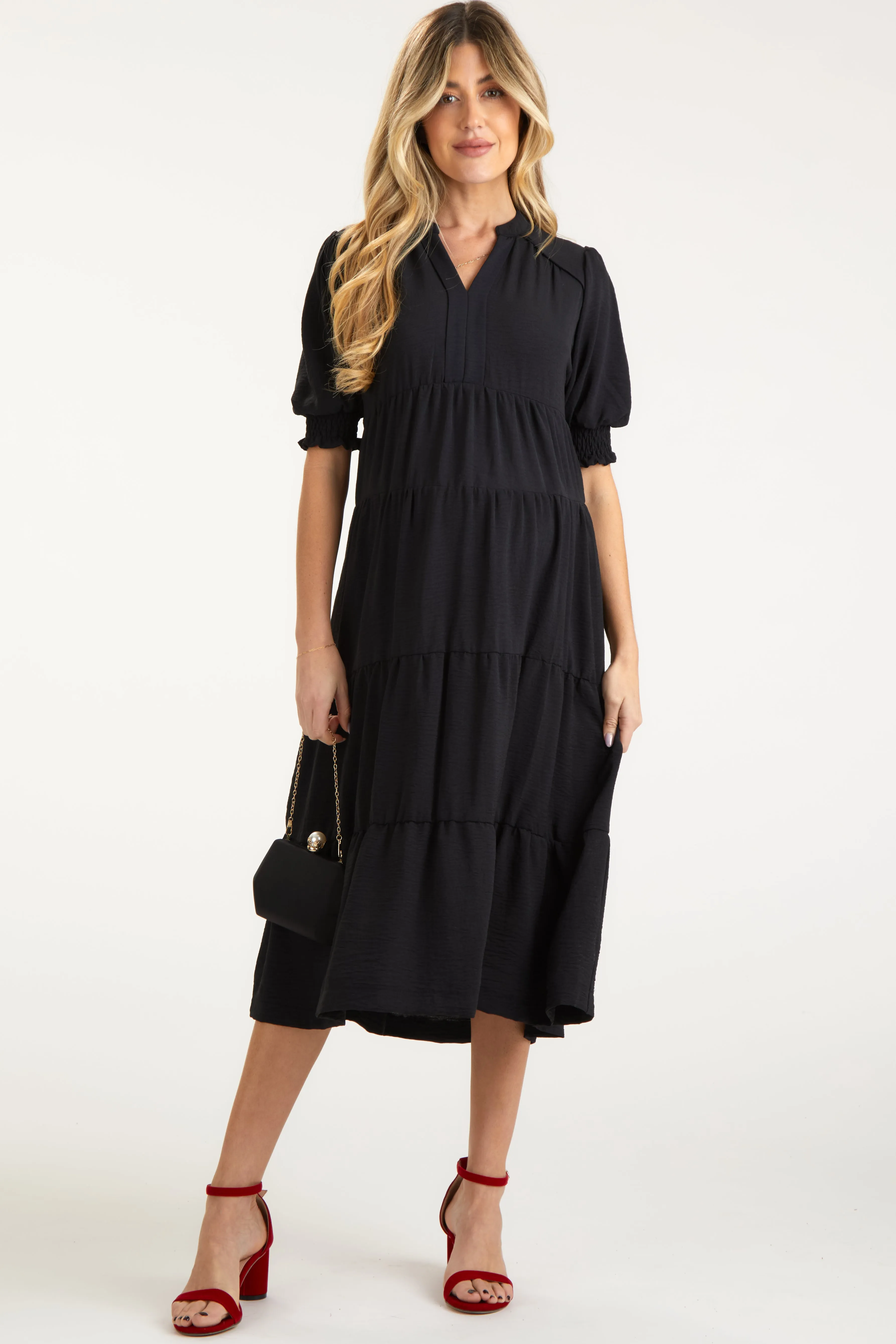 Black Short Sleeve Tiered Maternity Midi Dress sold by Pinkblush