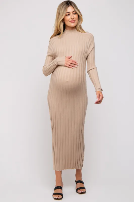 Beige Ribbed Turtle Neck Maternity Midi Dress sold by Pinkblush