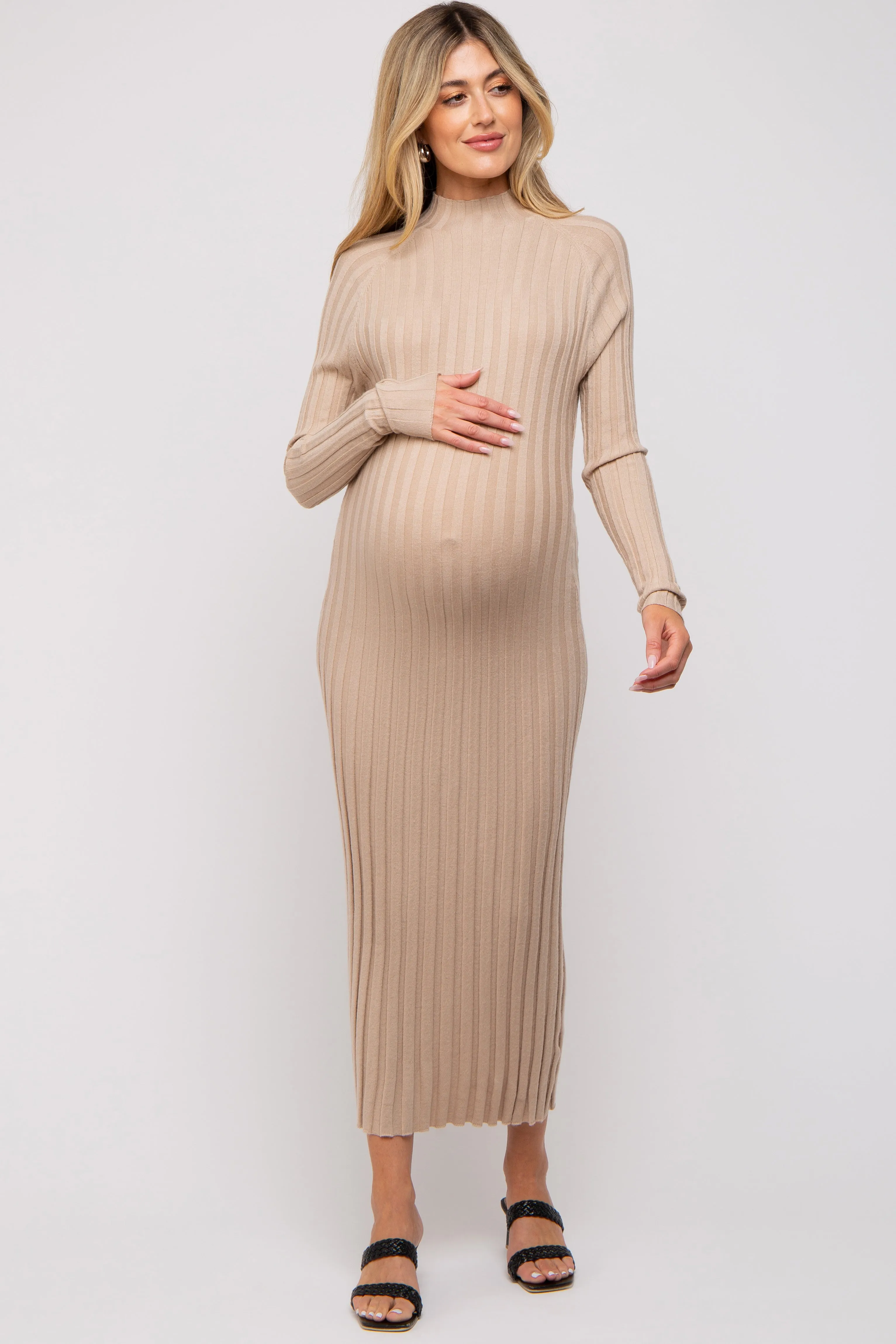 Beige Ribbed Turtle Neck Maternity Midi Dress sold by Pinkblush