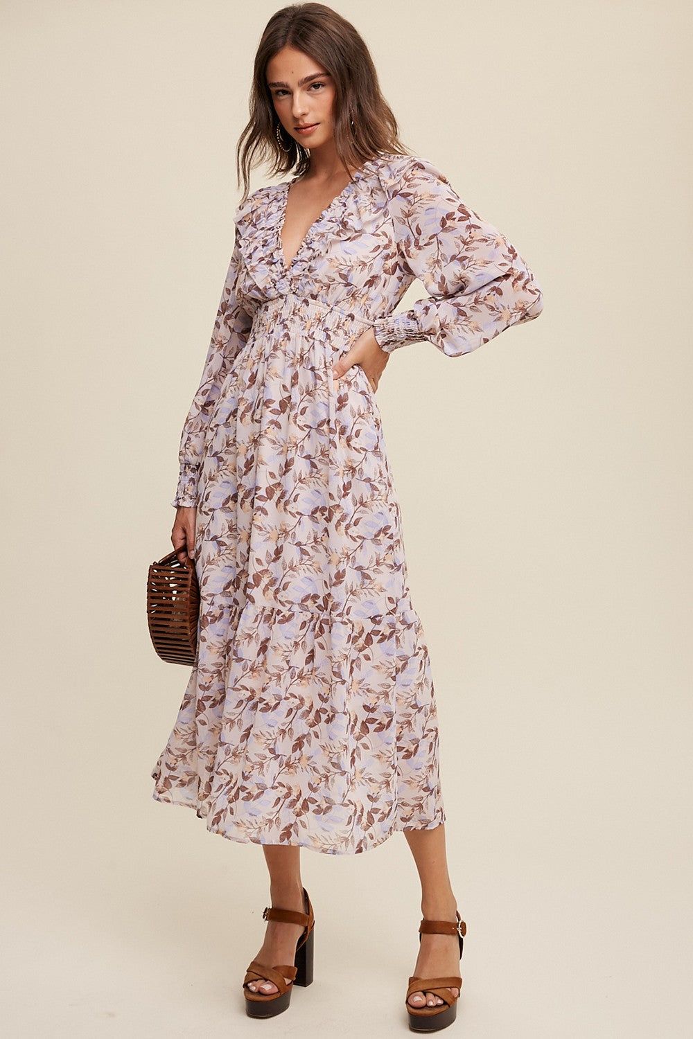 Mocha Leaf Print Ruffled V-Neck Chiffon Maxi Dress sold by Pinkblush