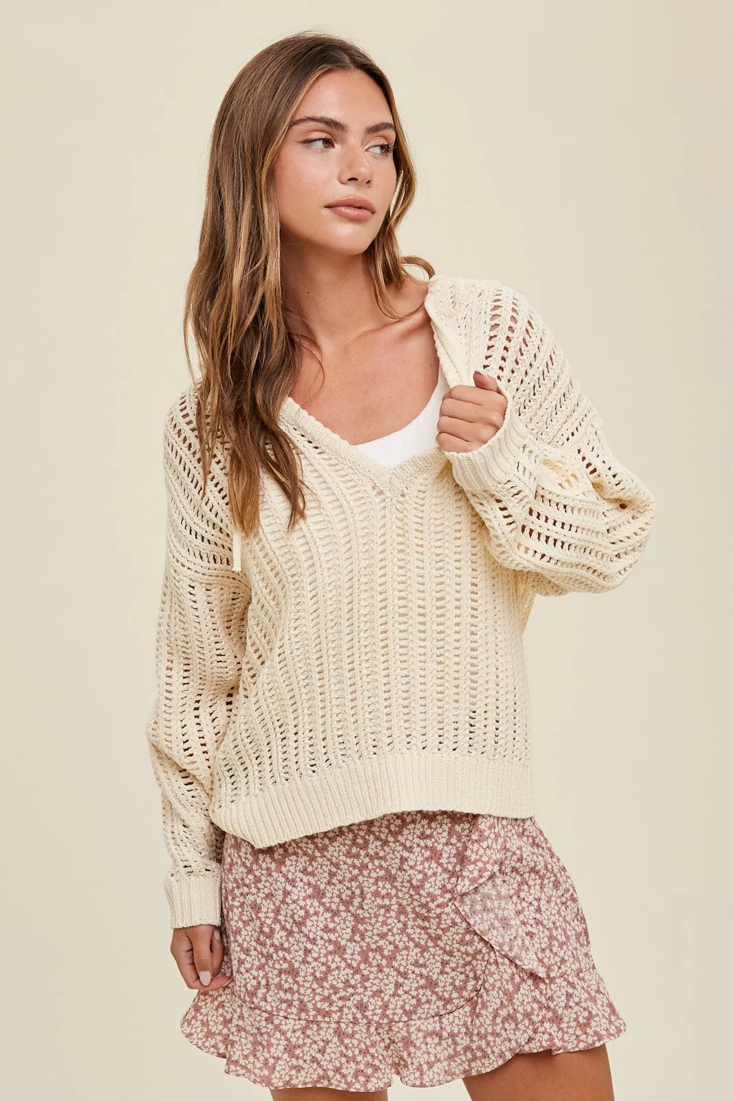 Beige Open Knit Hooded Sweater sold by Pinkblush