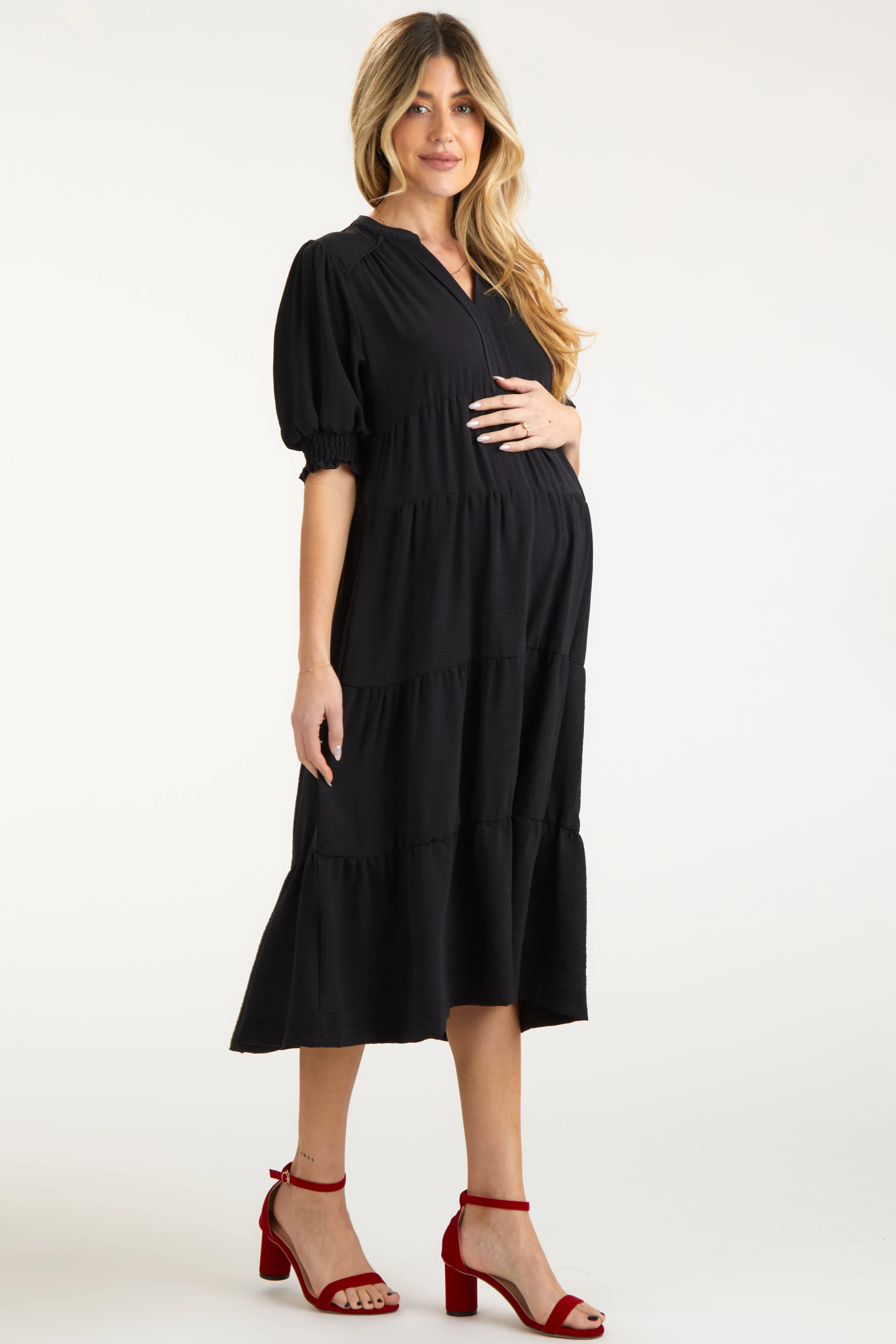 Black Short Sleeve Tiered Maternity Midi Dress sold by Pinkblush product image thumbnail 2