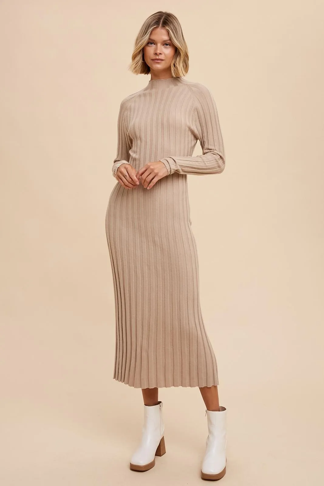 Beige Ribbed Turtle Neck Maternity Midi Dress sold by Pinkblush product image thumbnail 5