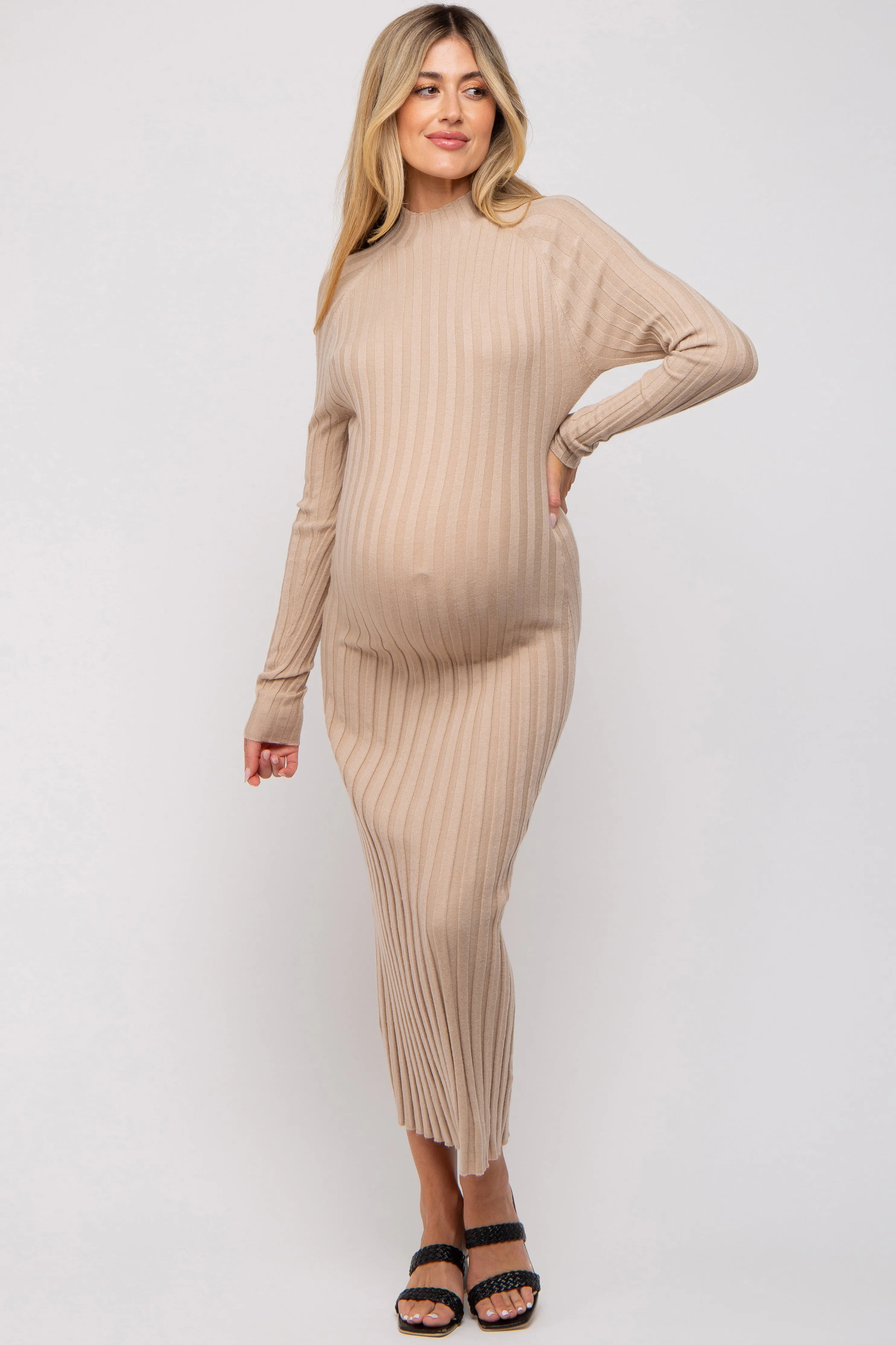 Beige Ribbed Turtle Neck Maternity Midi Dress sold by Pinkblush product image thumbnail 2
