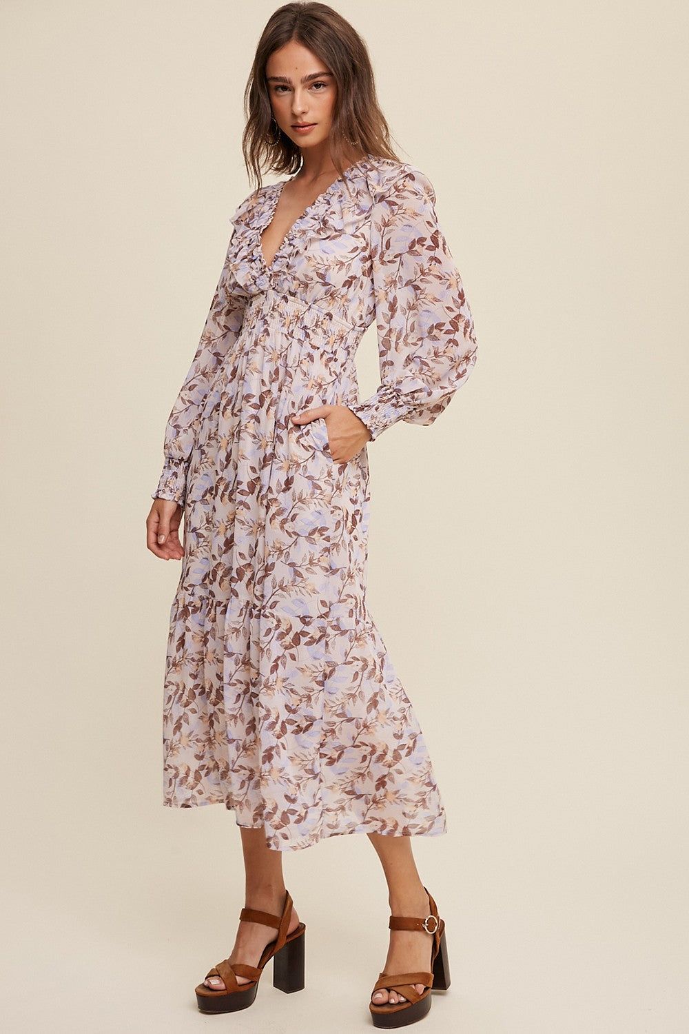 Mocha Leaf Print Ruffled V-Neck Chiffon Maxi Dress sold by Pinkblush product image thumbnail 2