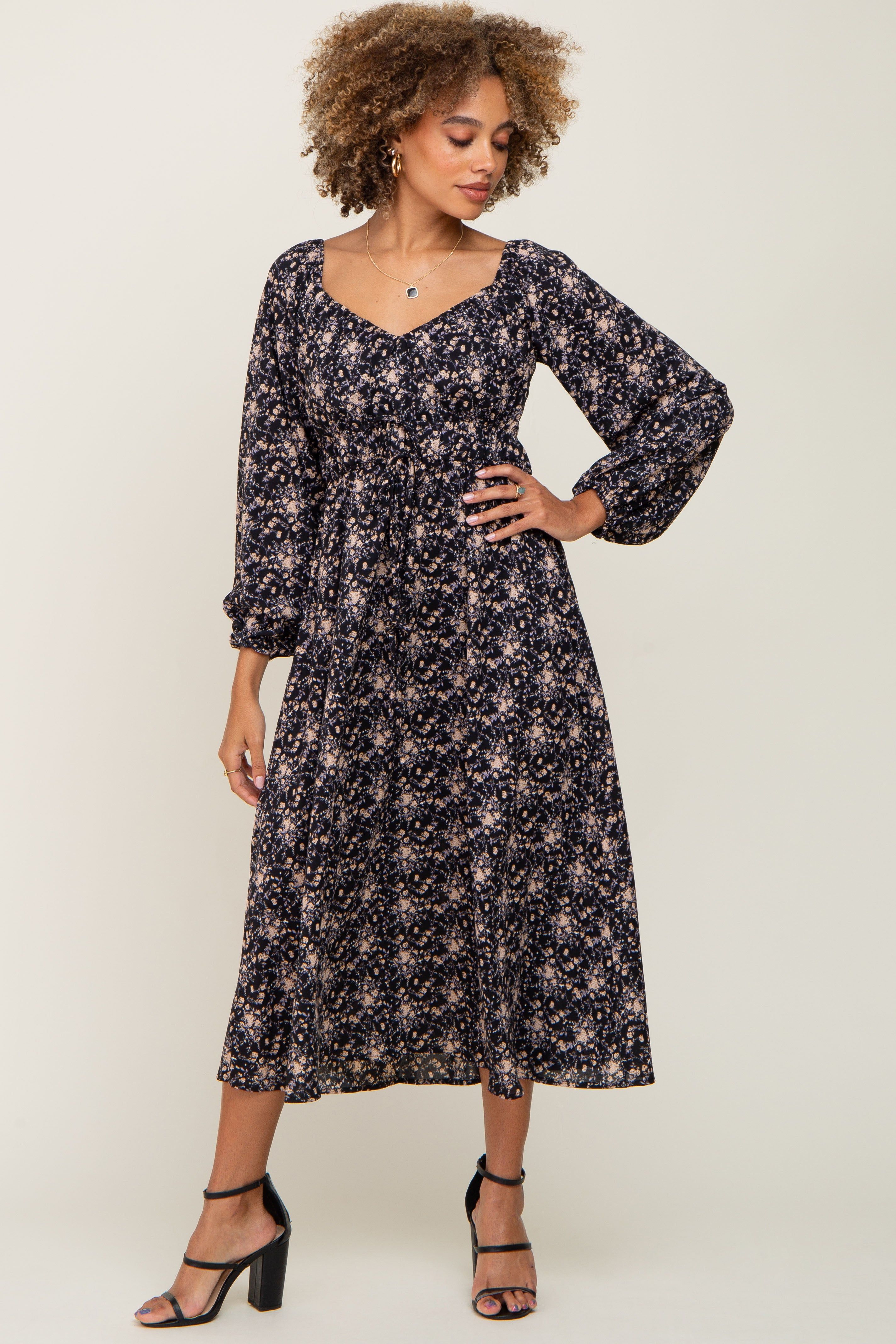 Black Cinched Tie Waist Midi Dress sold by Pinkblush