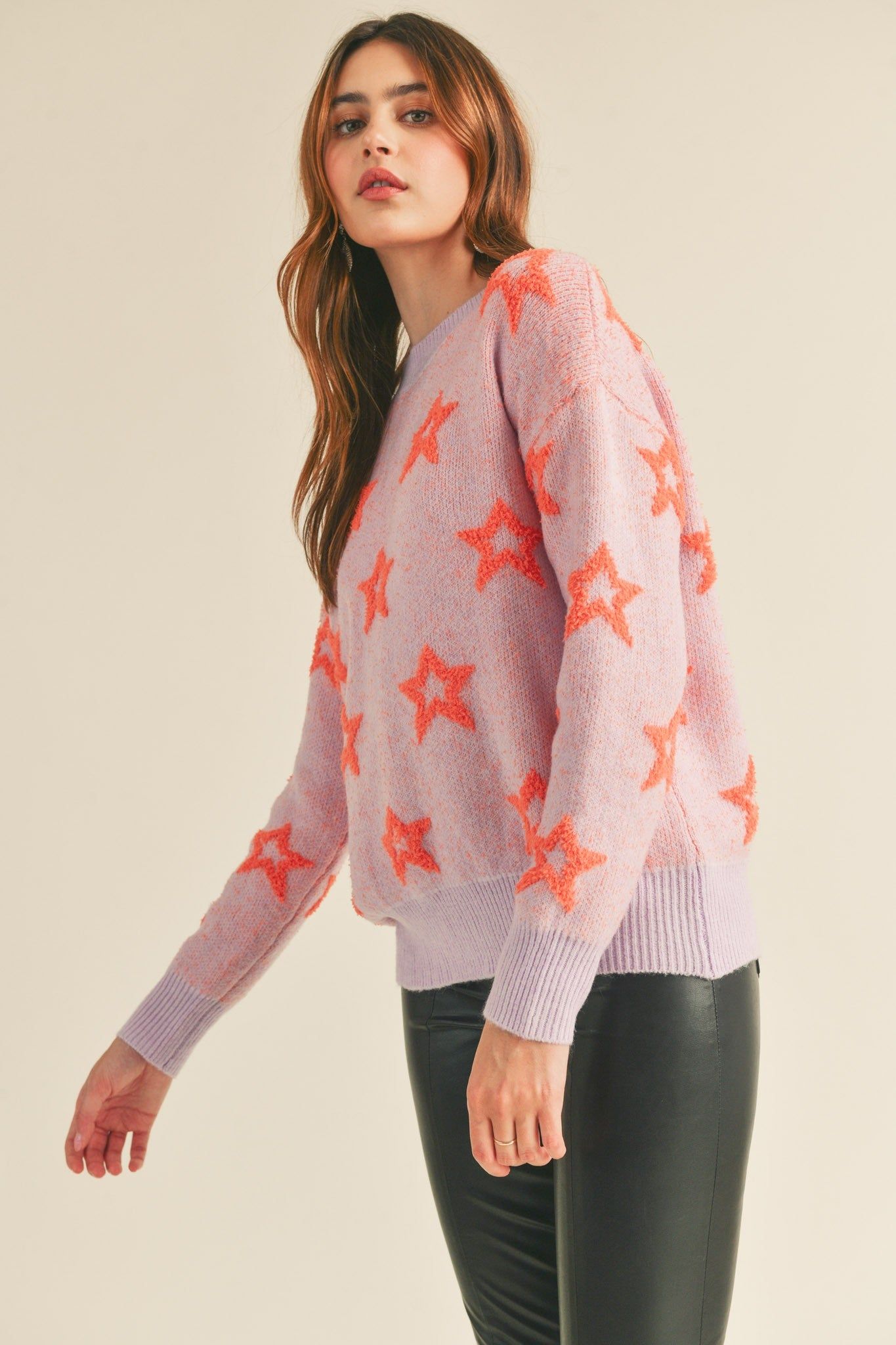 Lilac Orange Crew Neck Sweater With Fuzzy Stars sold by Pinkblush product image thumbnail 2