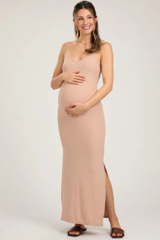 Beige Ribbed Side Slit Maternity Maxi Dress sold by Pinkblush