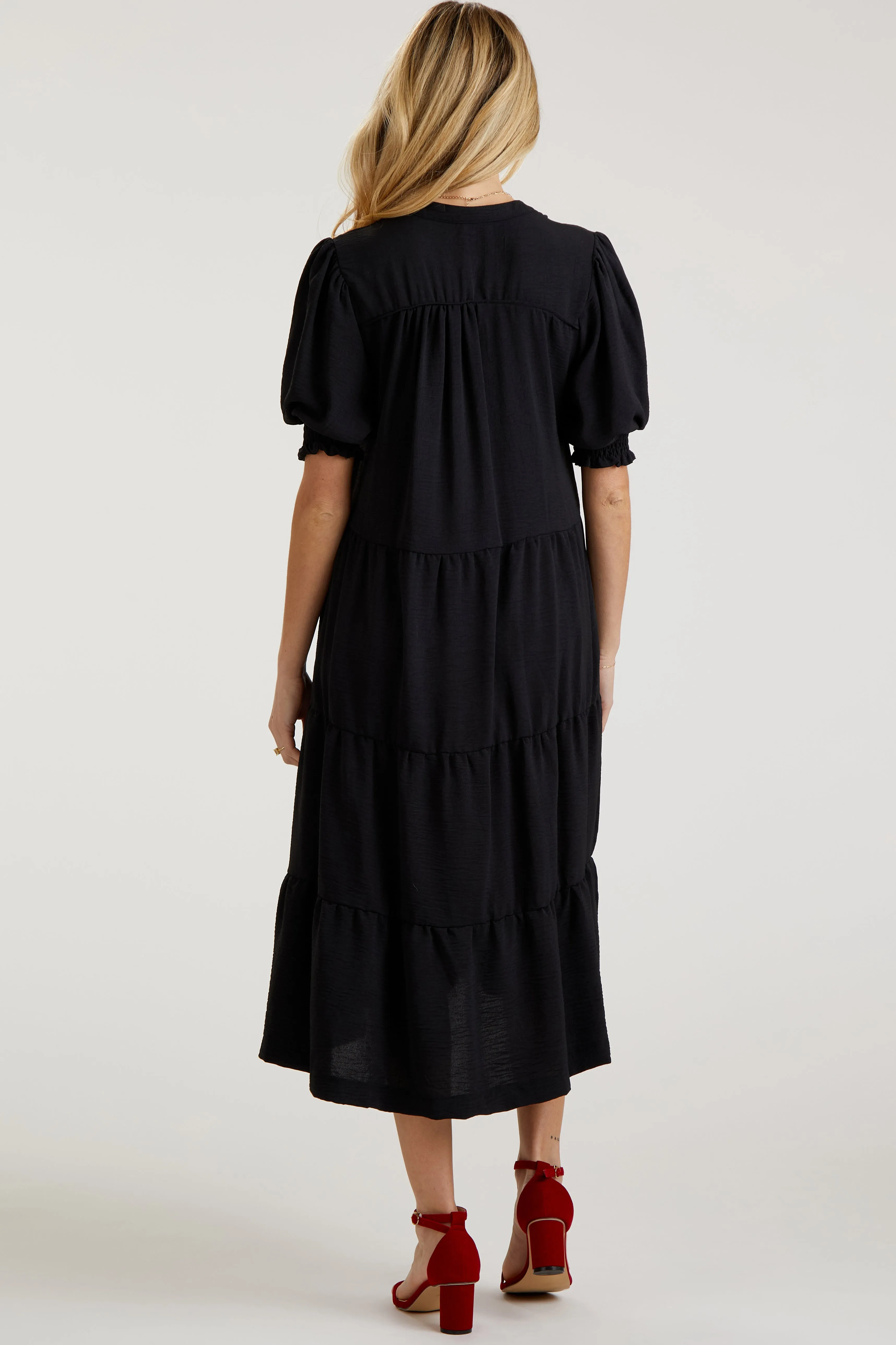 Black Short Sleeve Tiered Maternity Midi Dress sold by Pinkblush product image thumbnail 3