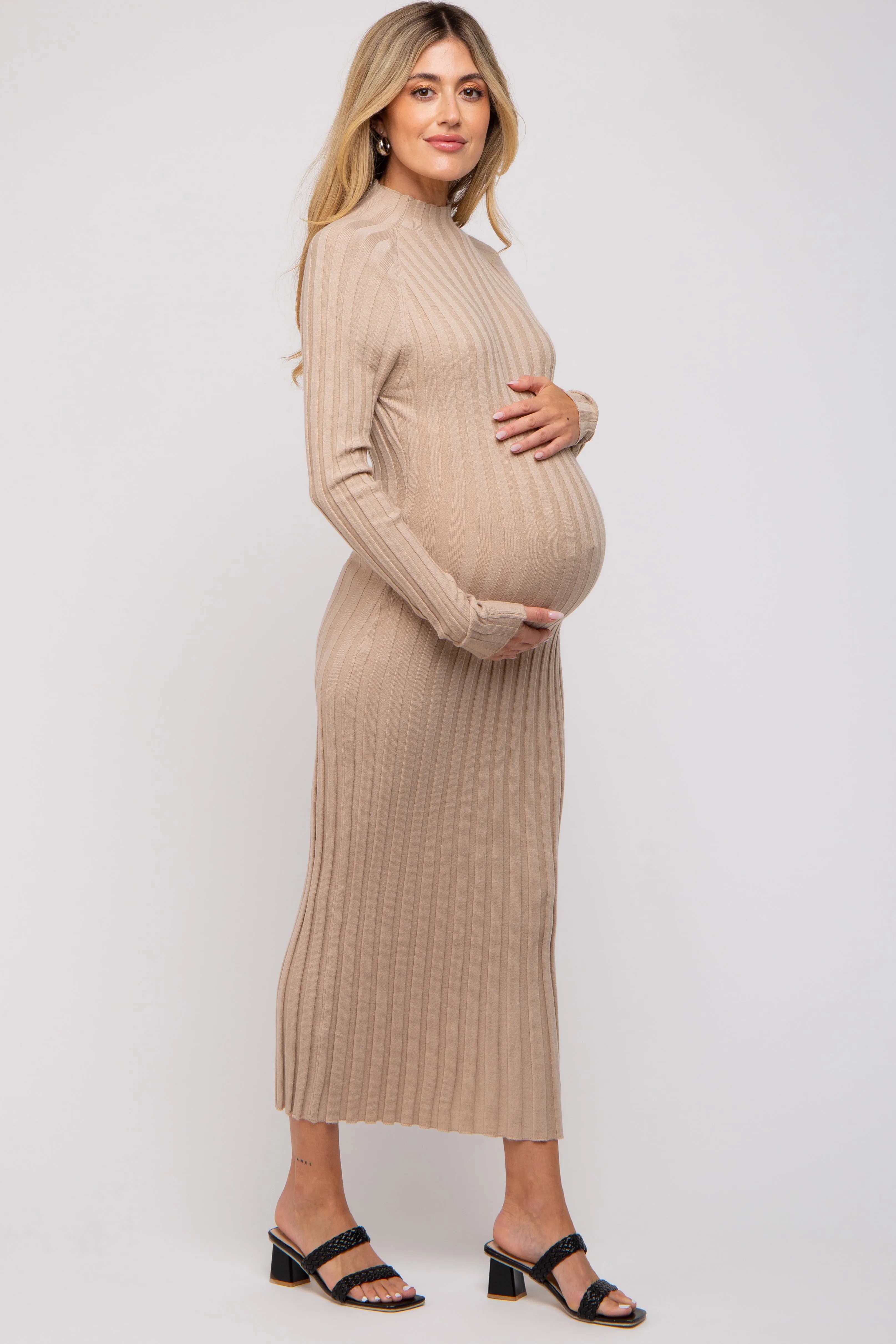 Beige Ribbed Turtle Neck Maternity Midi Dress sold by Pinkblush product image thumbnail 3