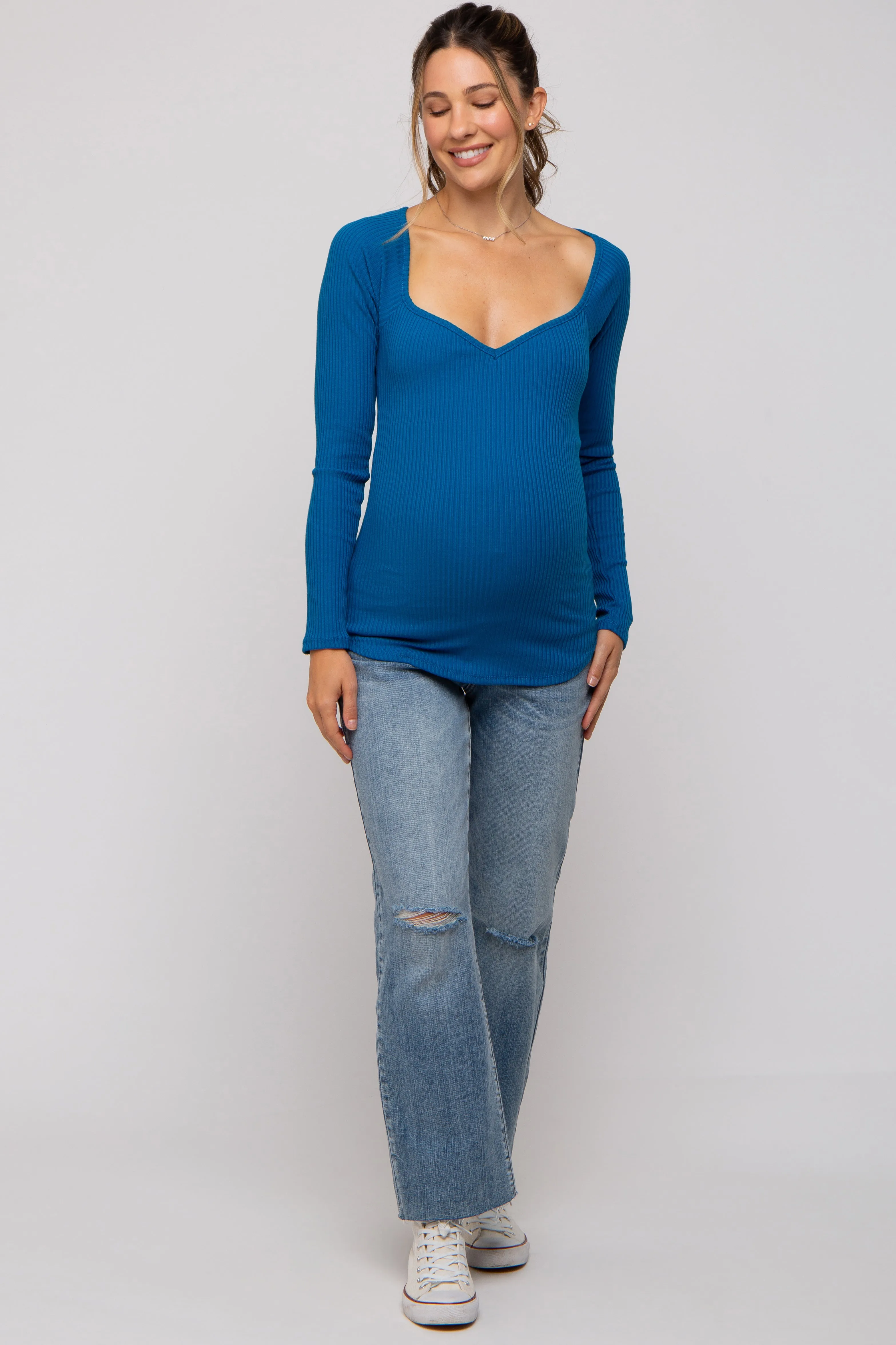 Blue Ribbed Sweetheart Neck Long Sleeve Maternity Top sold by Pinkblush product image thumbnail 4