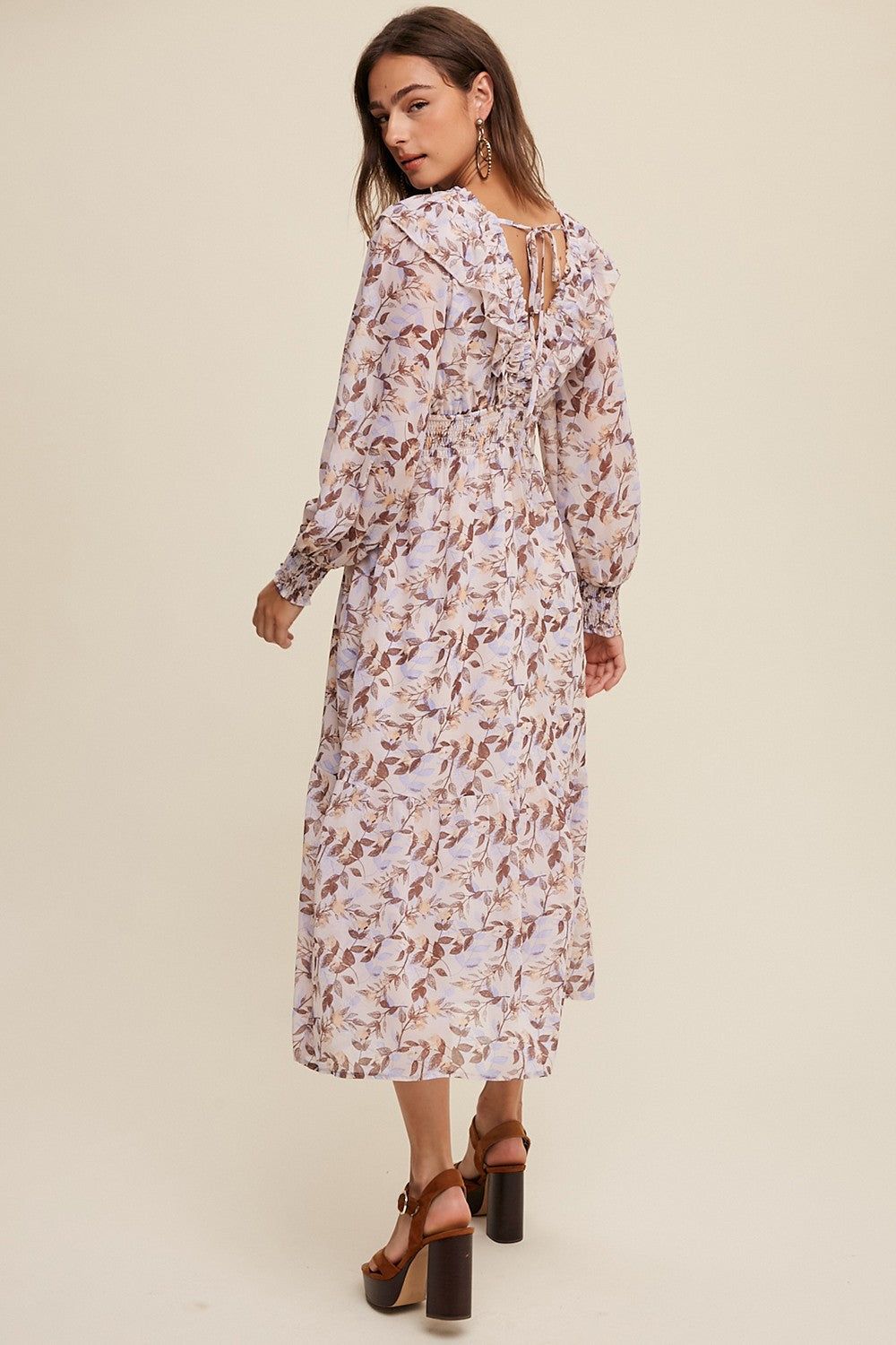 Mocha Leaf Print Ruffled V-Neck Chiffon Maxi Dress sold by Pinkblush product image thumbnail 3