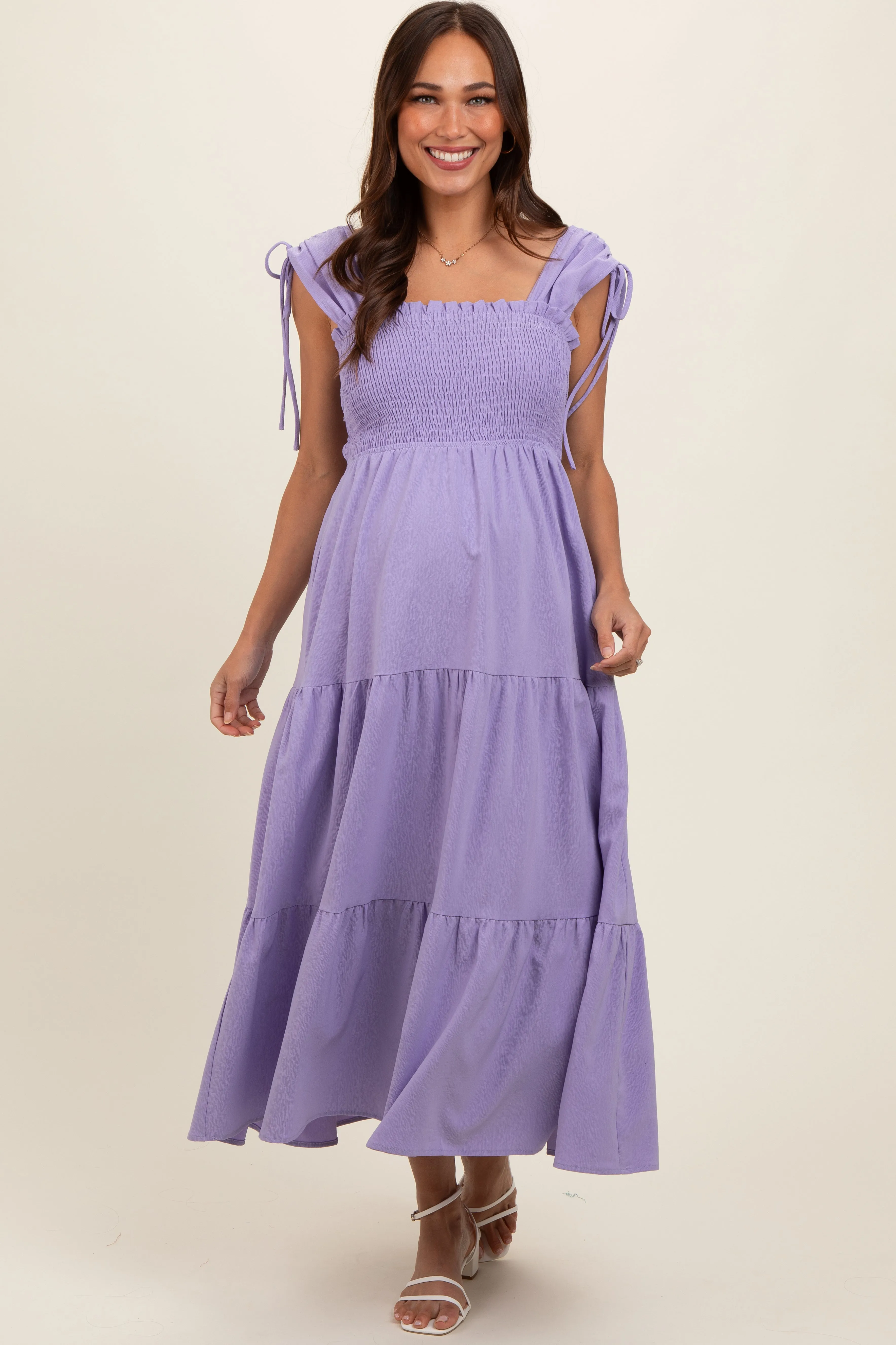 Lavender Smocked Sleeveless Drawstring Shoulder Tiered Maternity Midi Dress sold by Pinkblush product image thumbnail 2