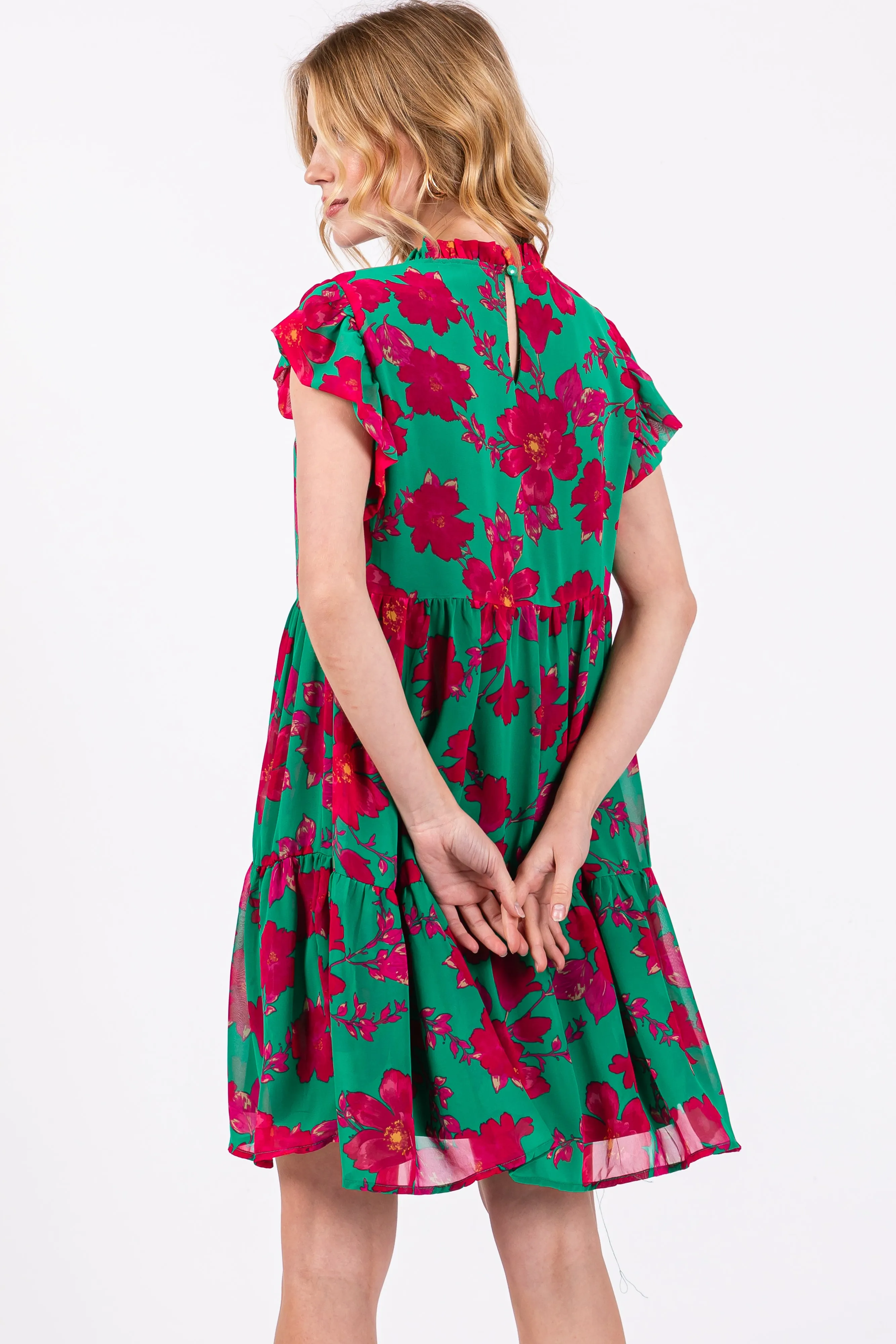 Green Magenta Floral Tiered Mini Dress sold by Pinkblush product image thumbnail 4