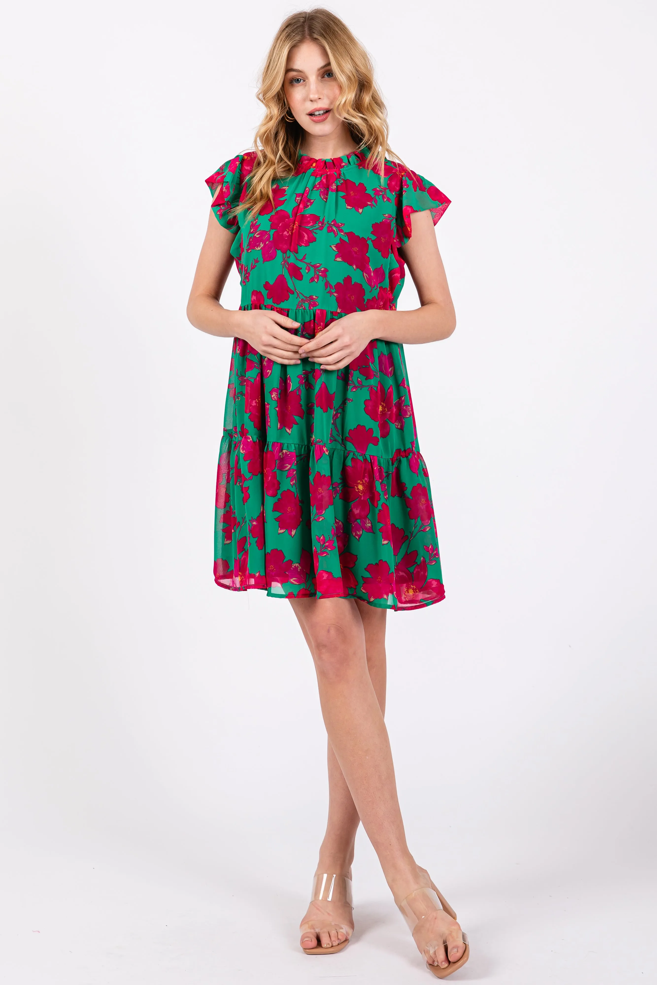 Green Magenta Floral Tiered Mini Dress sold by Pinkblush