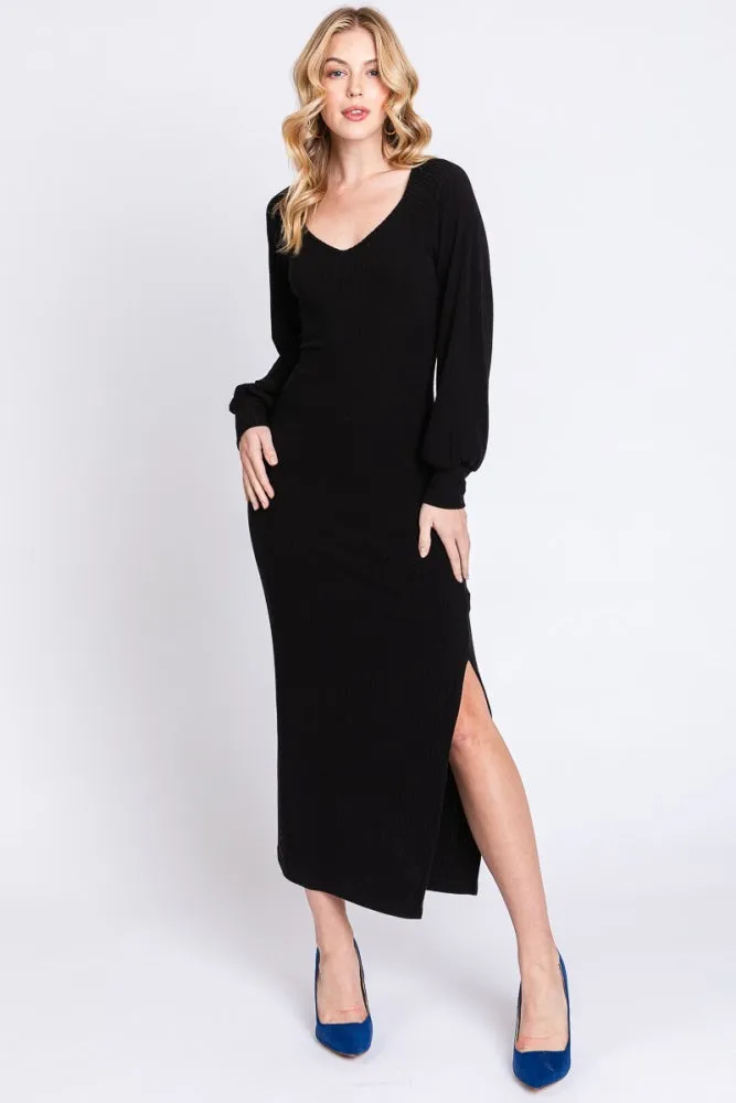 Black Soft Ribbed V-Neck Side Slit Midi Dress sold by Pinkblush