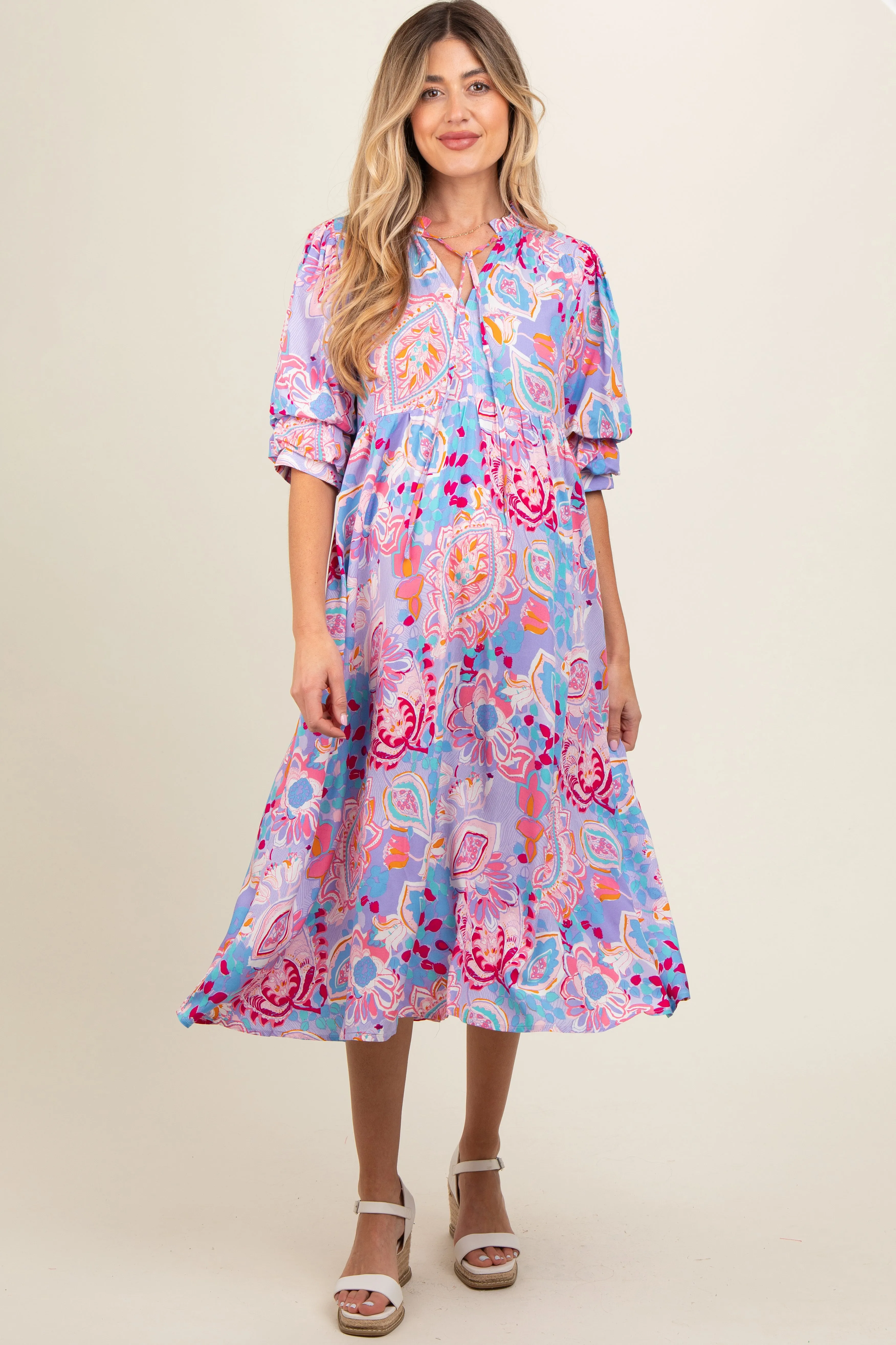 Lavender Paisley Print Tiered A-Line Maternity Midi Dress sold by Pinkblush product image thumbnail 2
