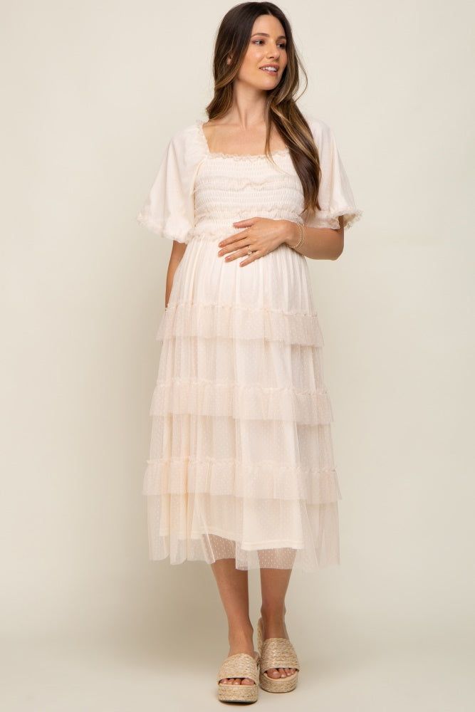 Cream Dot Smocked Ruffle Tiered Maternity Midi Dress sold by Pinkblush product image thumbnail 4