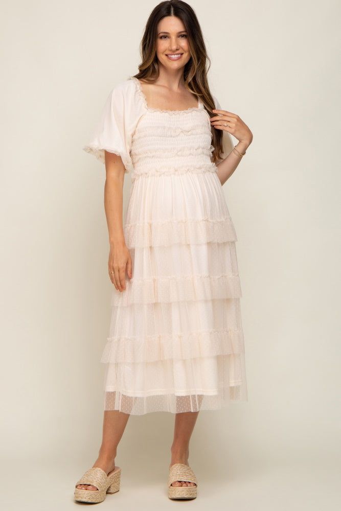 Cream Dot Smocked Ruffle Tiered Maternity Midi Dress sold by Pinkblush