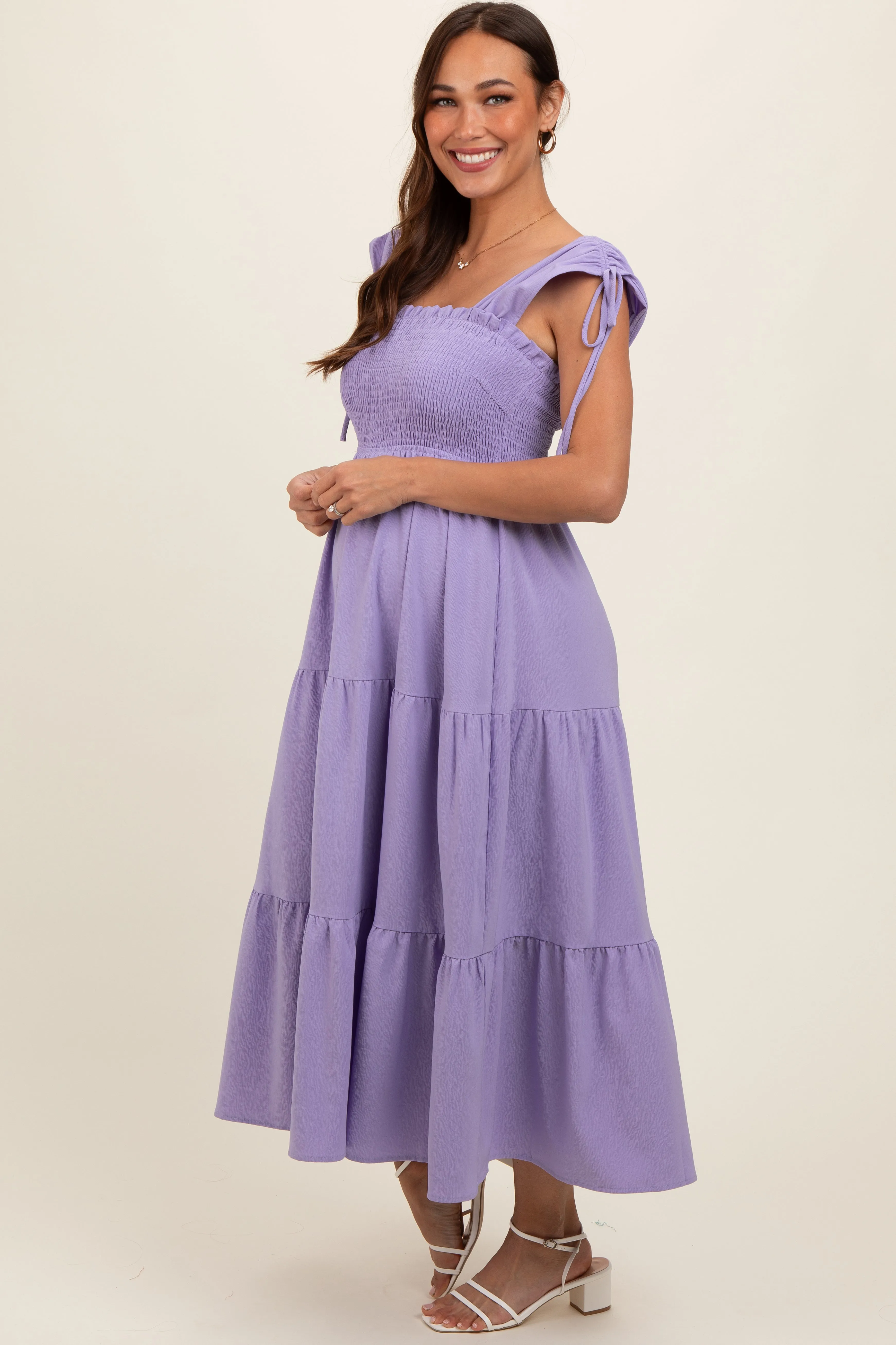 Lavender Smocked Sleeveless Drawstring Shoulder Tiered Maternity Midi Dress sold by Pinkblush product image thumbnail 3