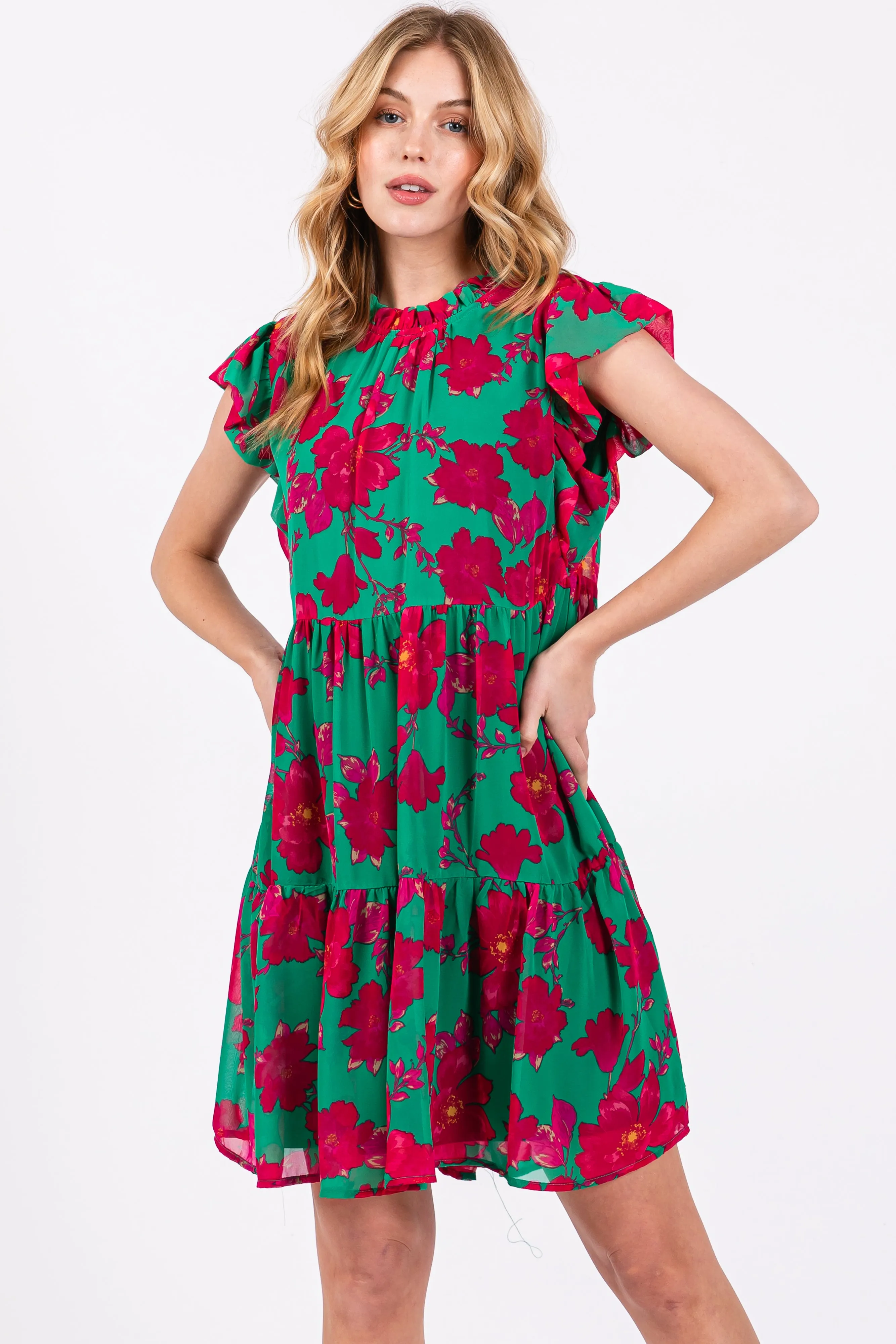 Green Magenta Floral Tiered Mini Dress sold by Pinkblush product image thumbnail 2
