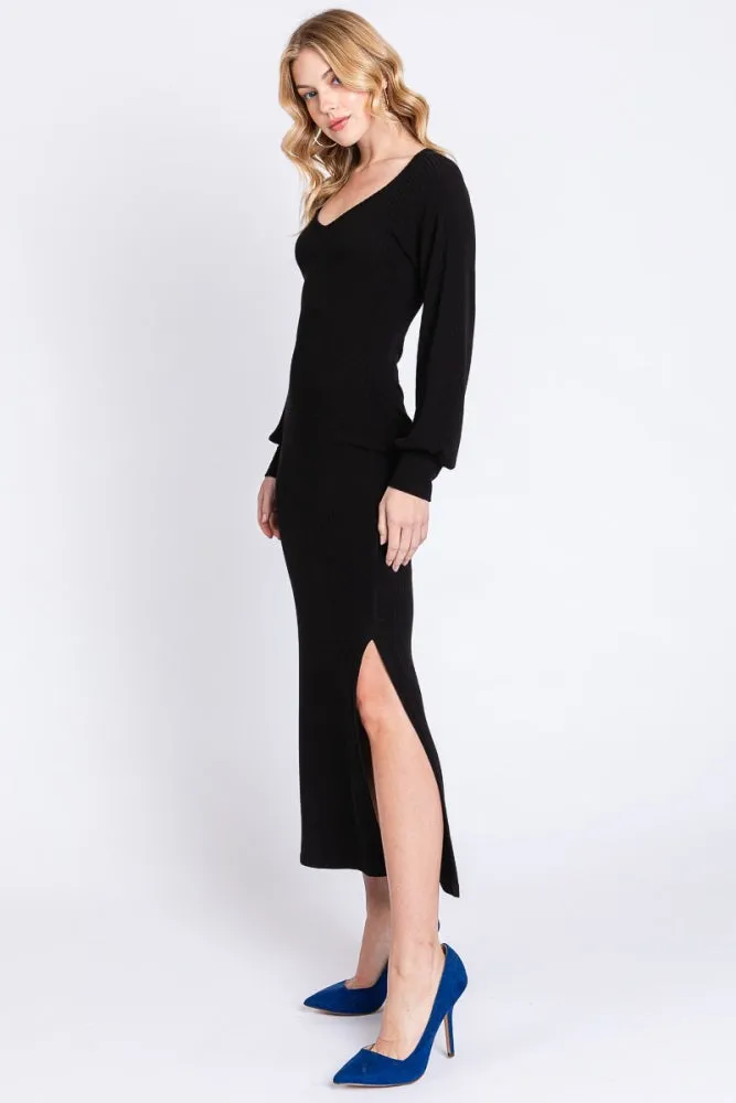 Black Soft Ribbed V-Neck Side Slit Midi Dress sold by Pinkblush product image thumbnail 2